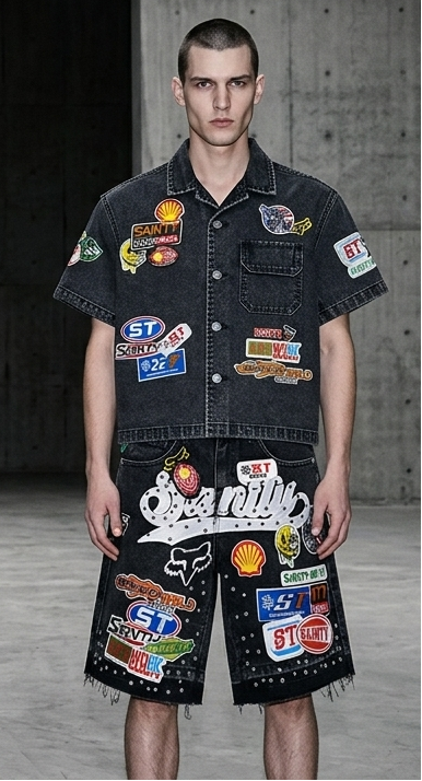 A male model stands in a concrete warehouse wearing a black short-sleeve button-up shirt and matching shorts heavily decorated with colorful racing-style patches and graphics.