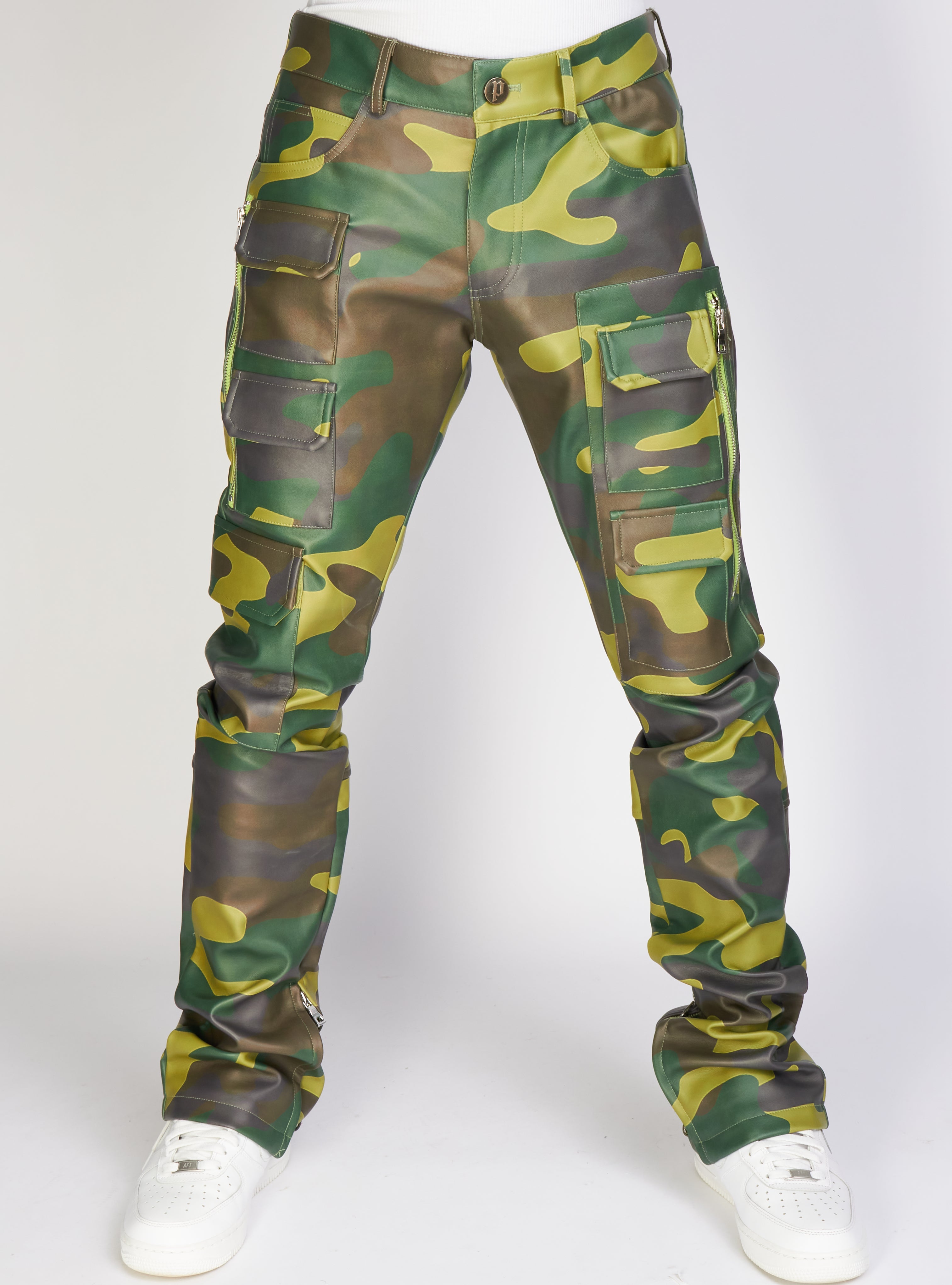 Politics Jeans - PU Leather Stacked Cargo - Army Camo - Murphy557