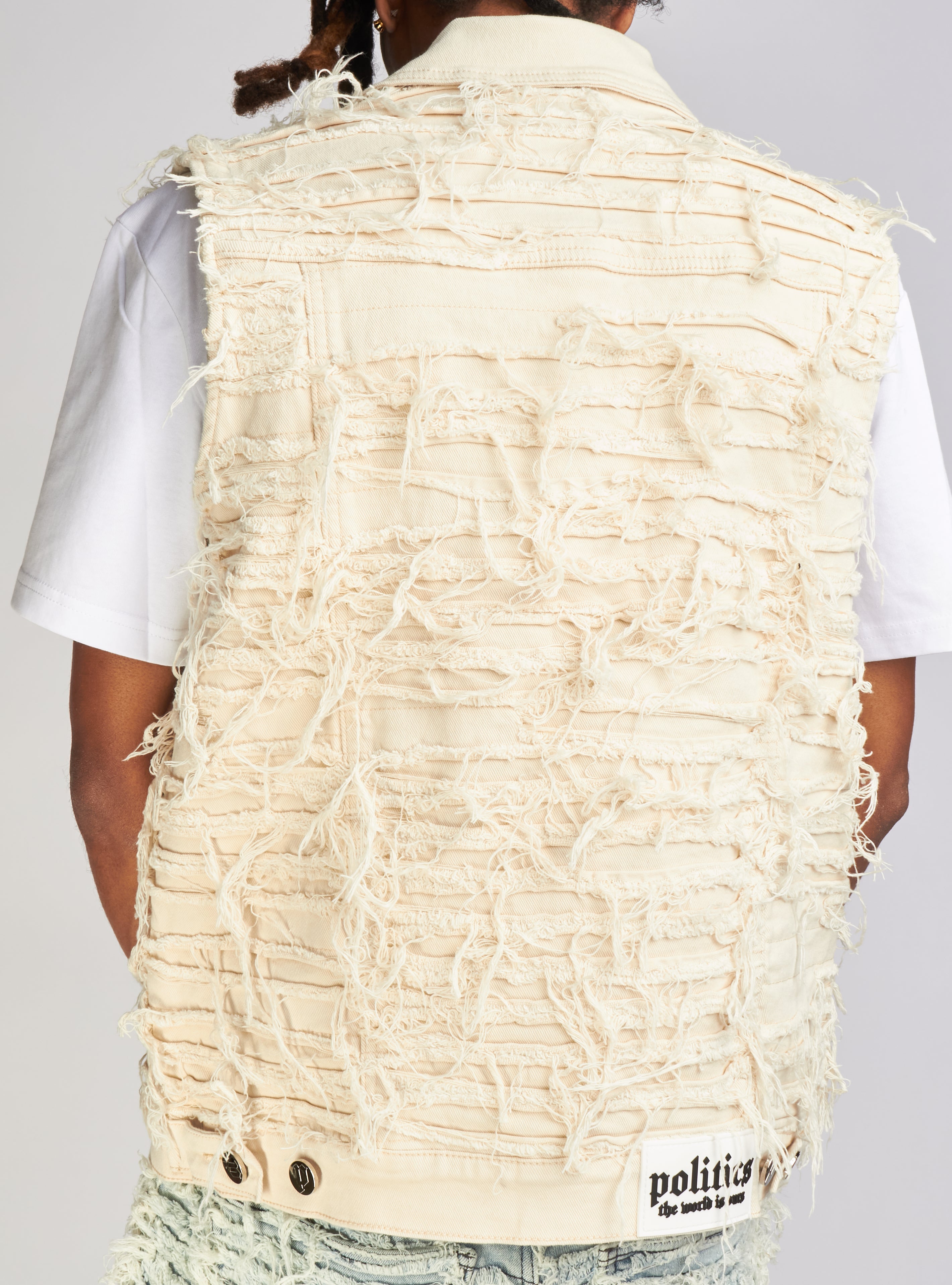 Politics Jean Vest - Thrashed Distressed Denim Vest - Cream - Debris 491
