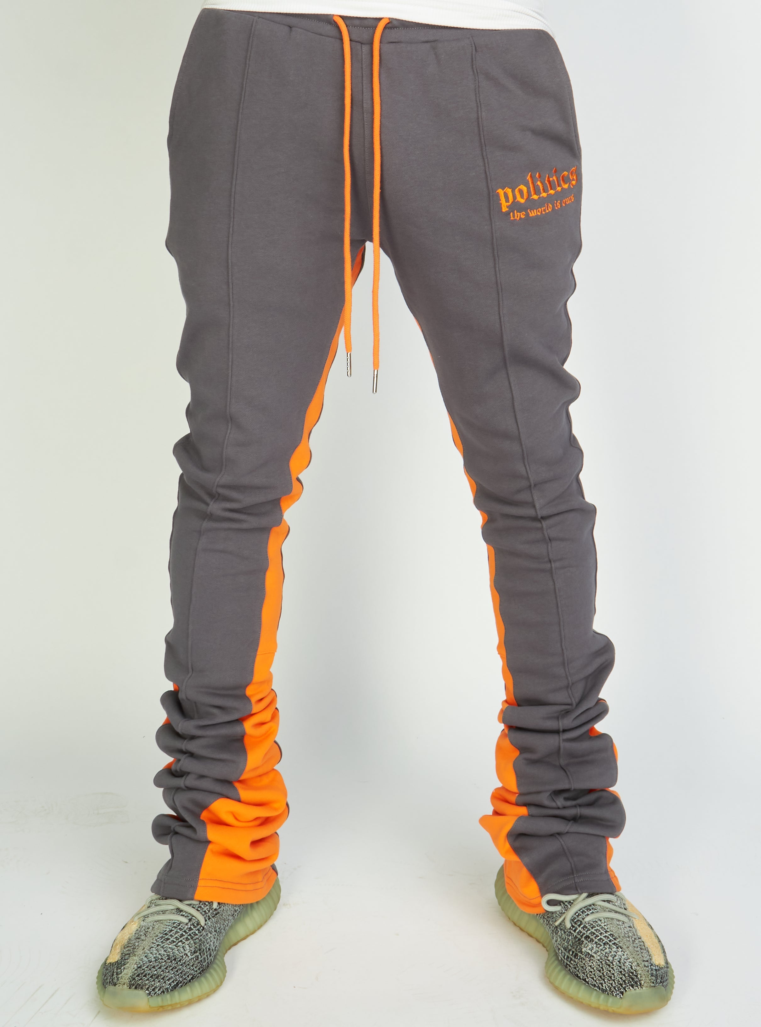 Politics Sweatpants - Super Stacked Sweatpants - Charcoal And Orange - Foster706
