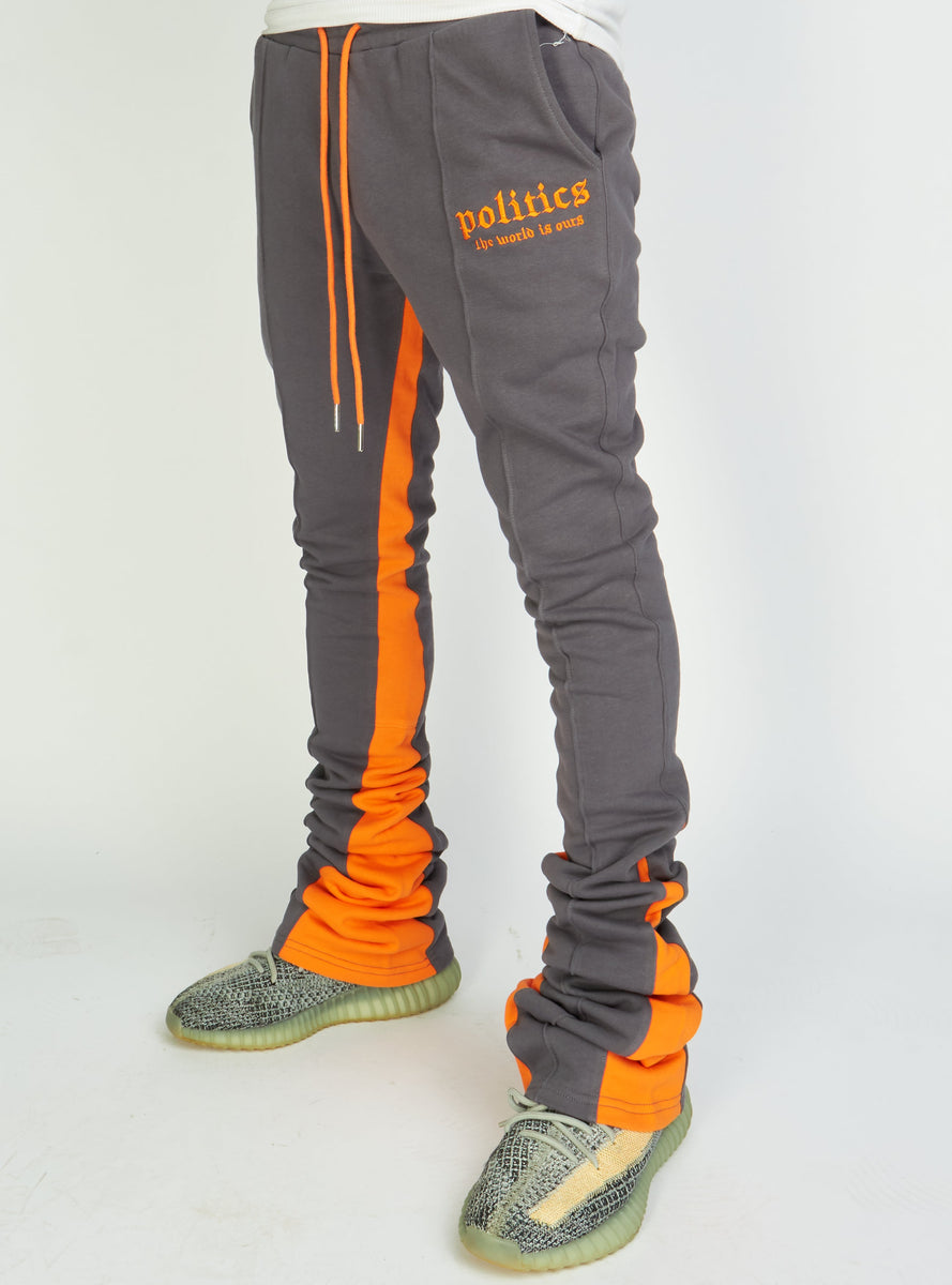 Politics Sweatpants - Super Stacked Sweatpants - Charcoal And Orange-  Foster706
