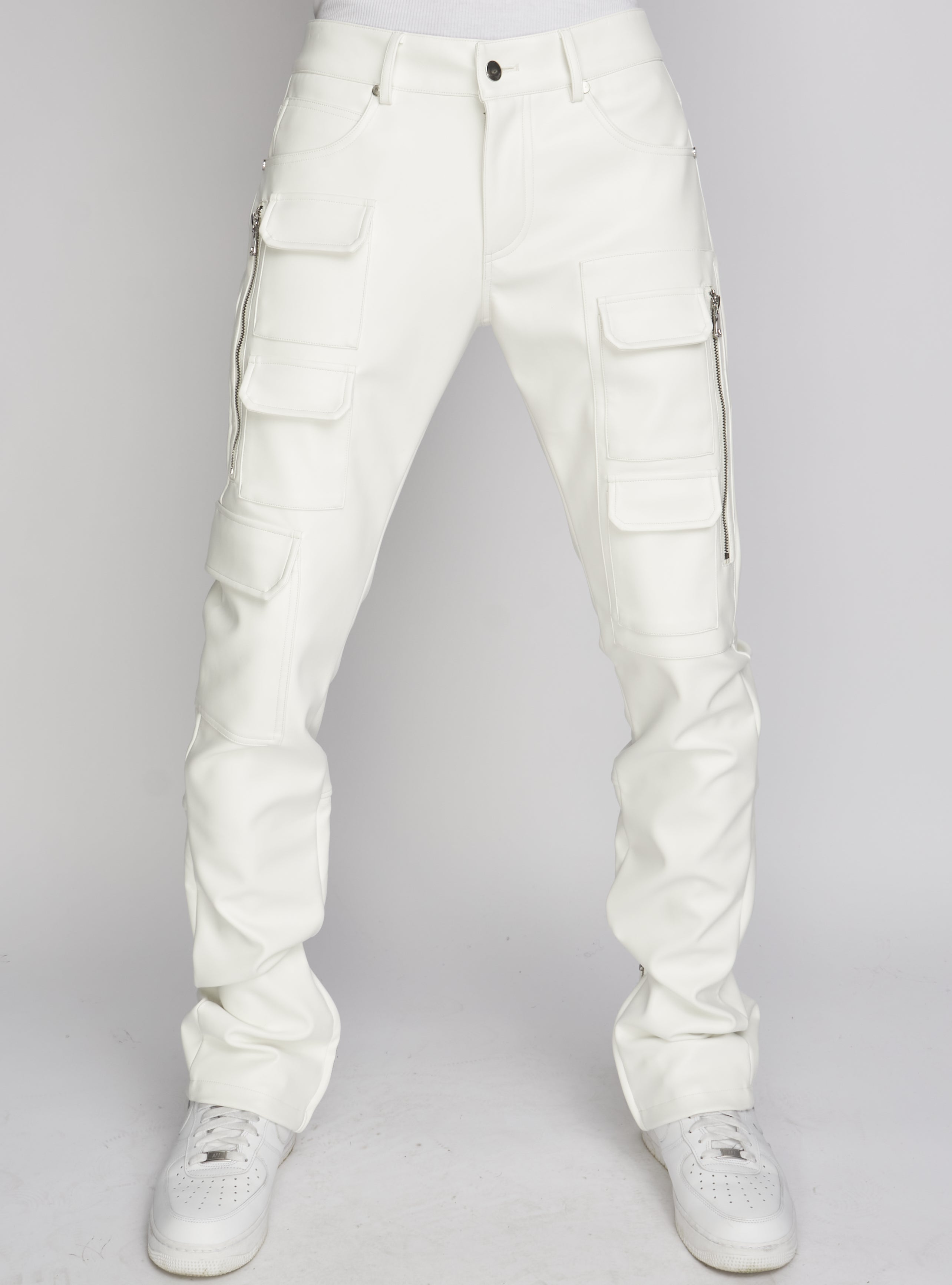 Politics Pants - Stacked Cargo PU Leather - Murphy - White - 554