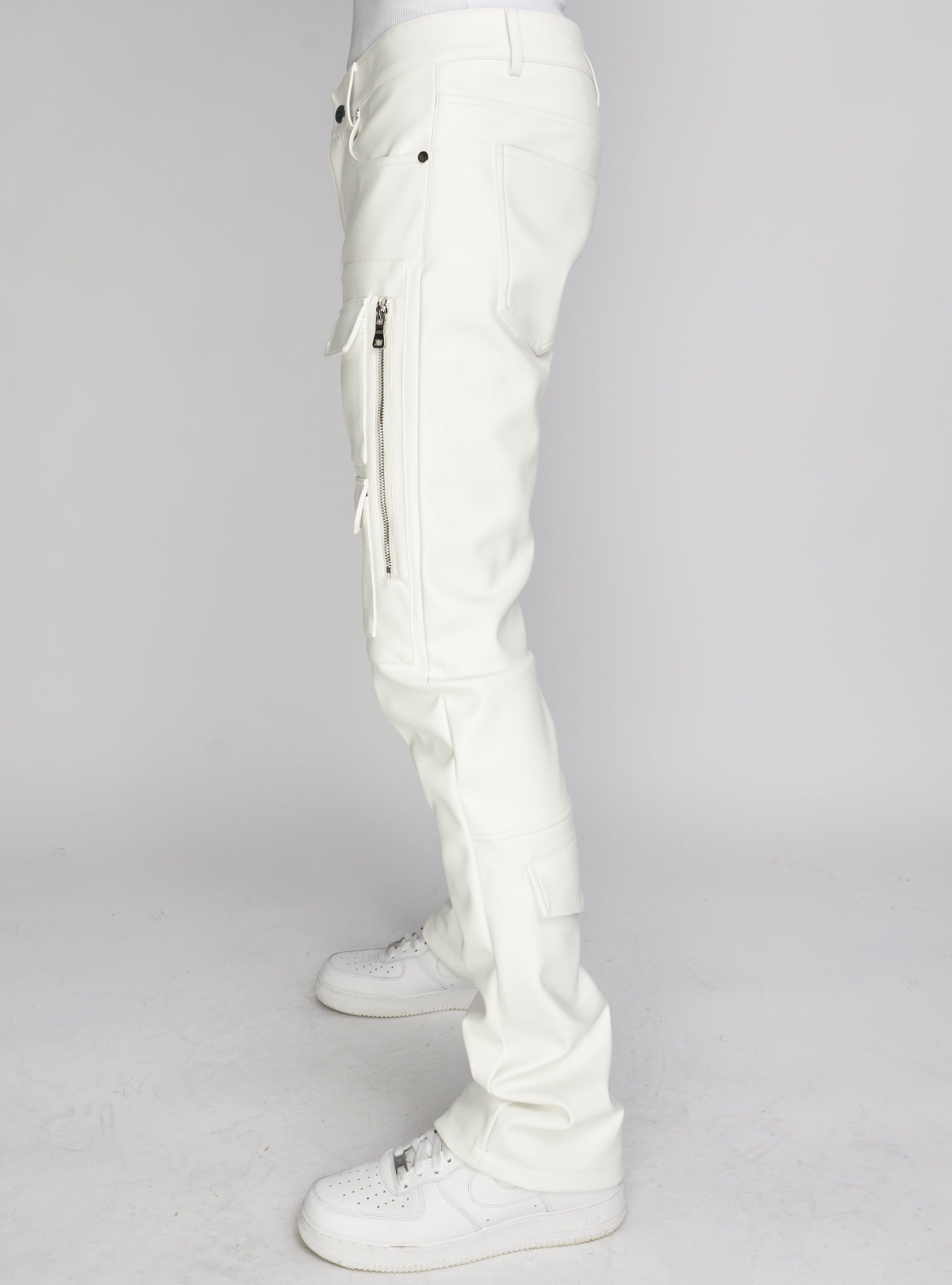 Politics Pants - Stacked Cargo PU Leather - Murphy - White - 554