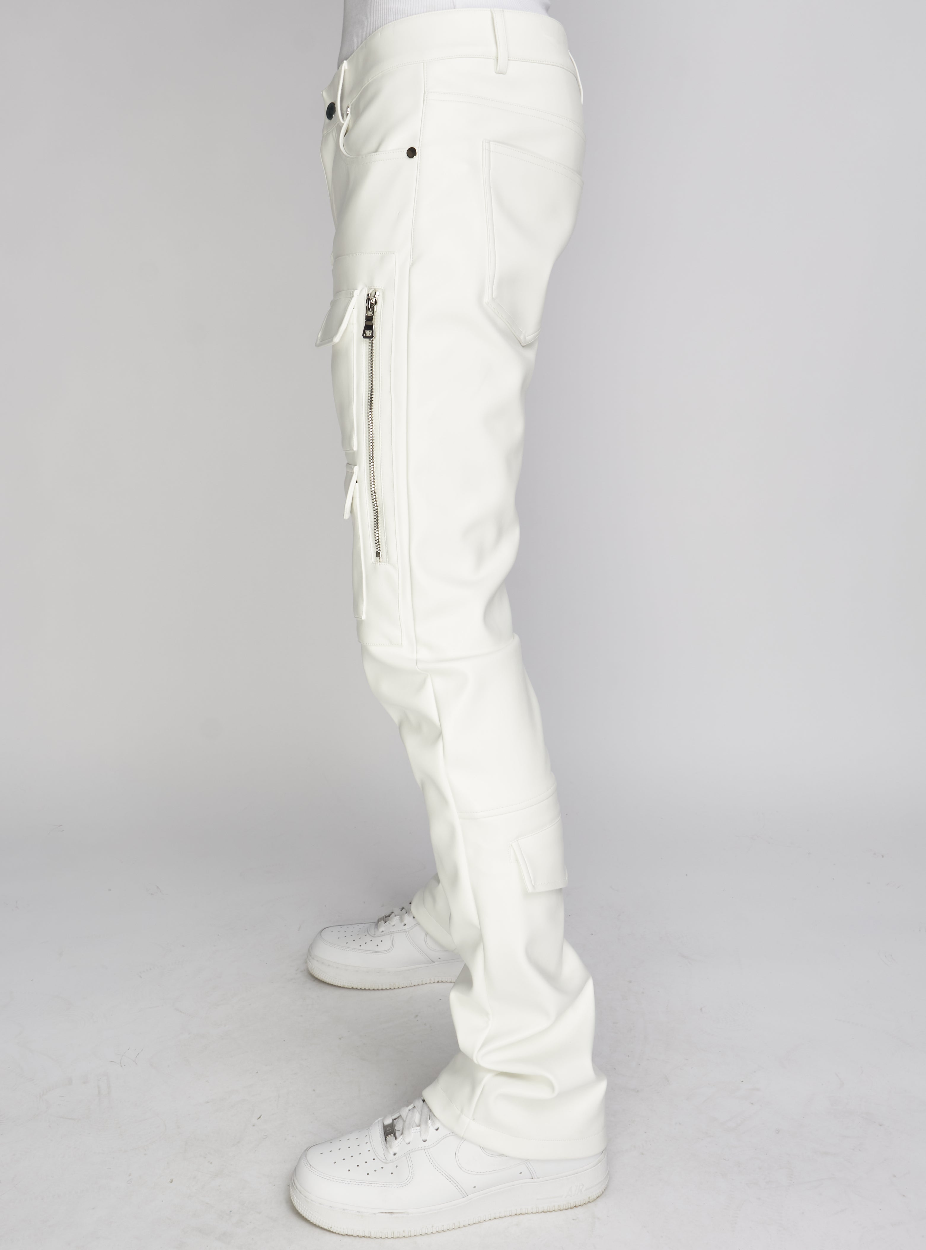 Politics Pants - Stacked Cargo PU Leather - Murphy - White - 554