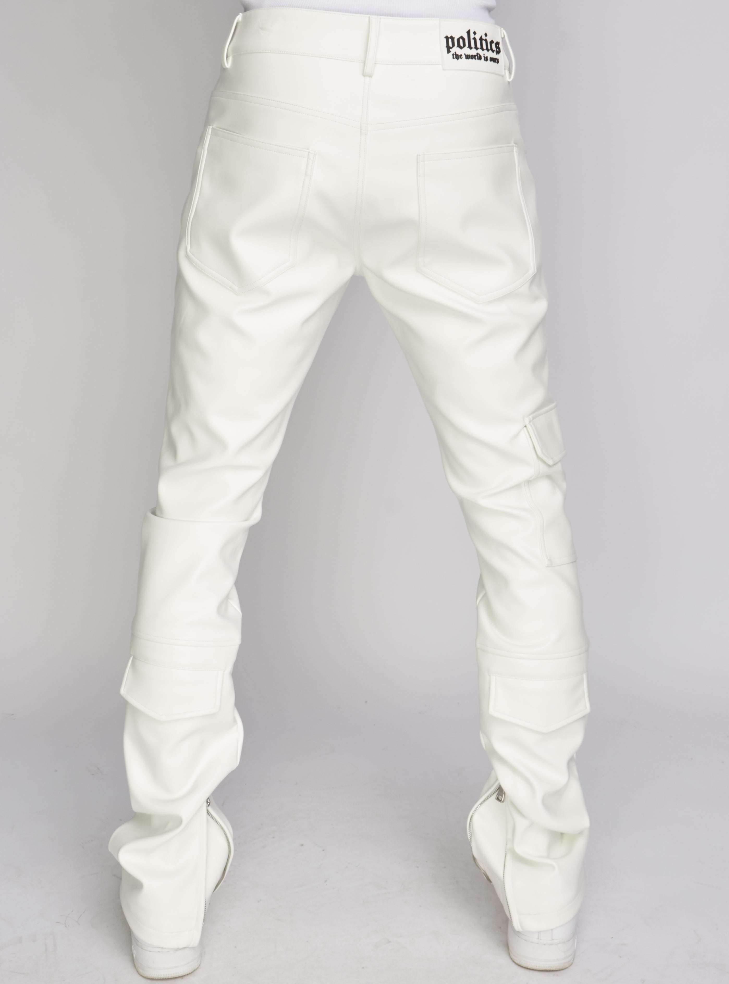Politics Pants - Stacked Cargo PU Leather - Murphy - White - 554