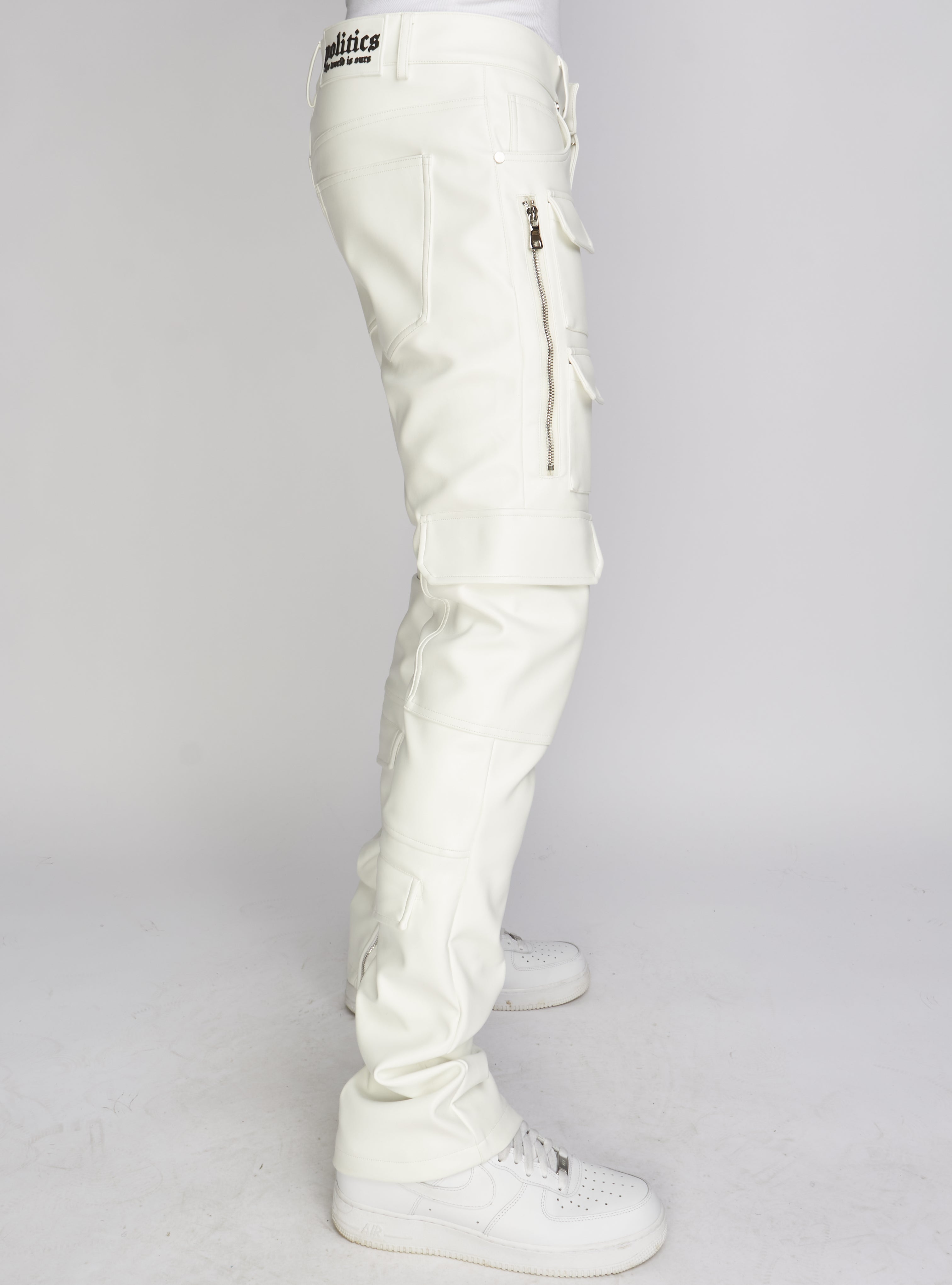 Politics Pants - Stacked Cargo PU Leather - Murphy - White - 554