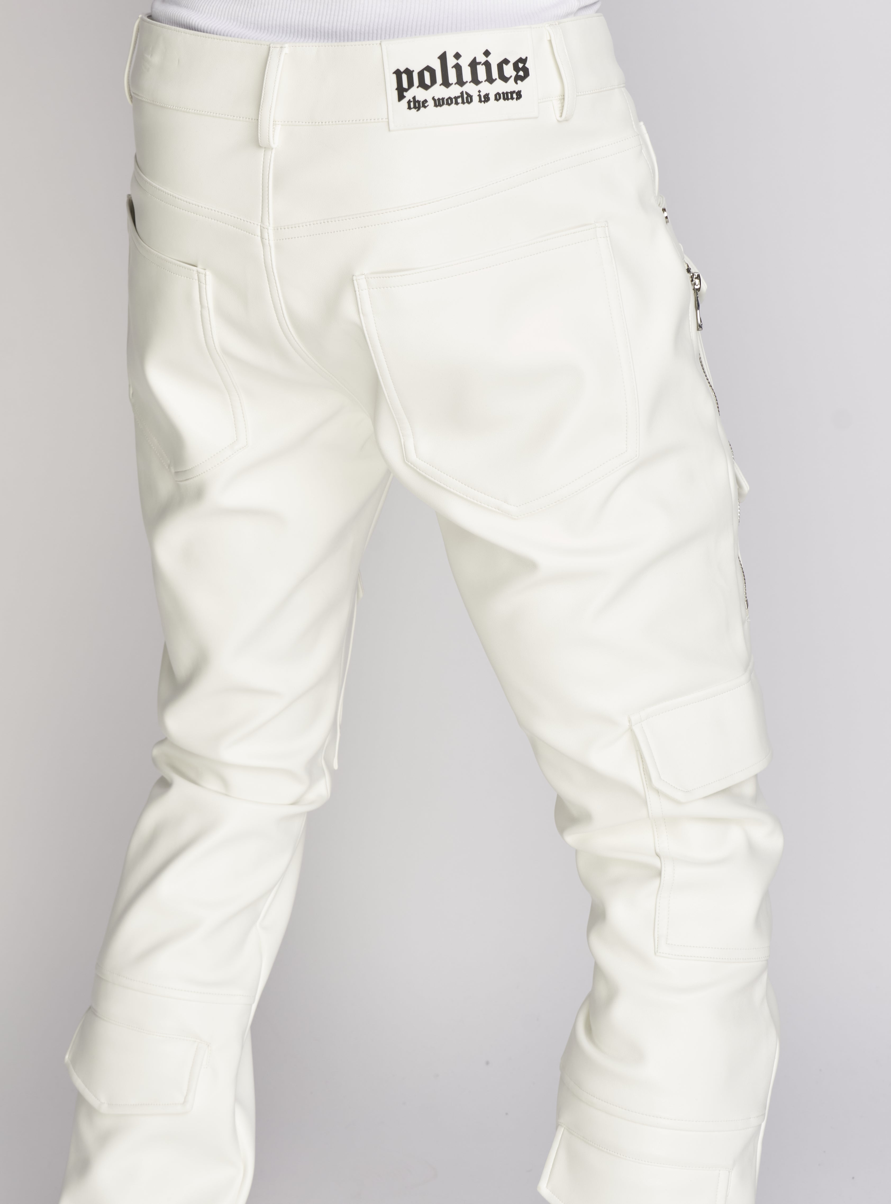 Politics Pants - Stacked Cargo PU Leather - Murphy - White - 554