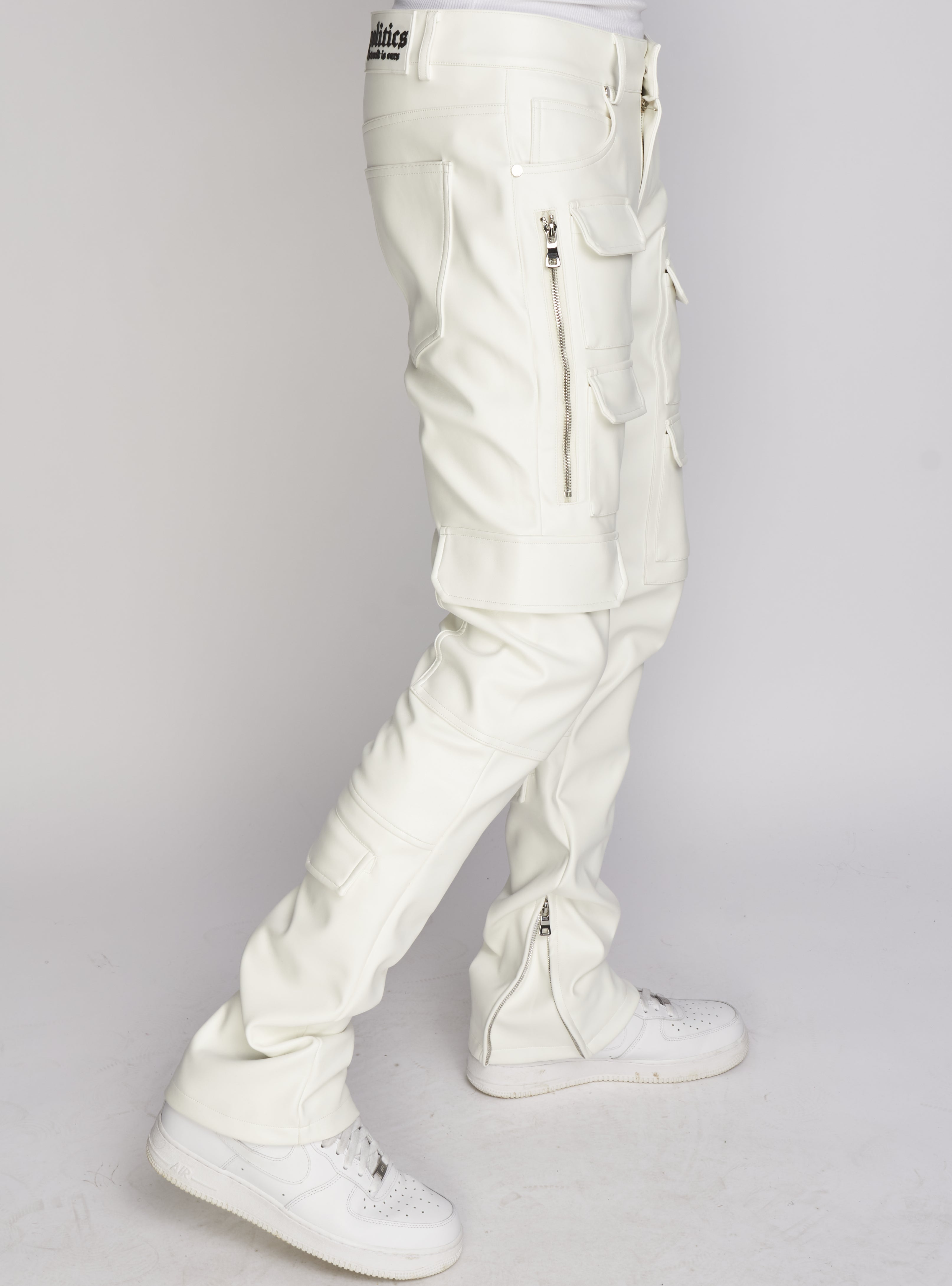 Politics Pants - Stacked Cargo PU Leather - Murphy - White - 554