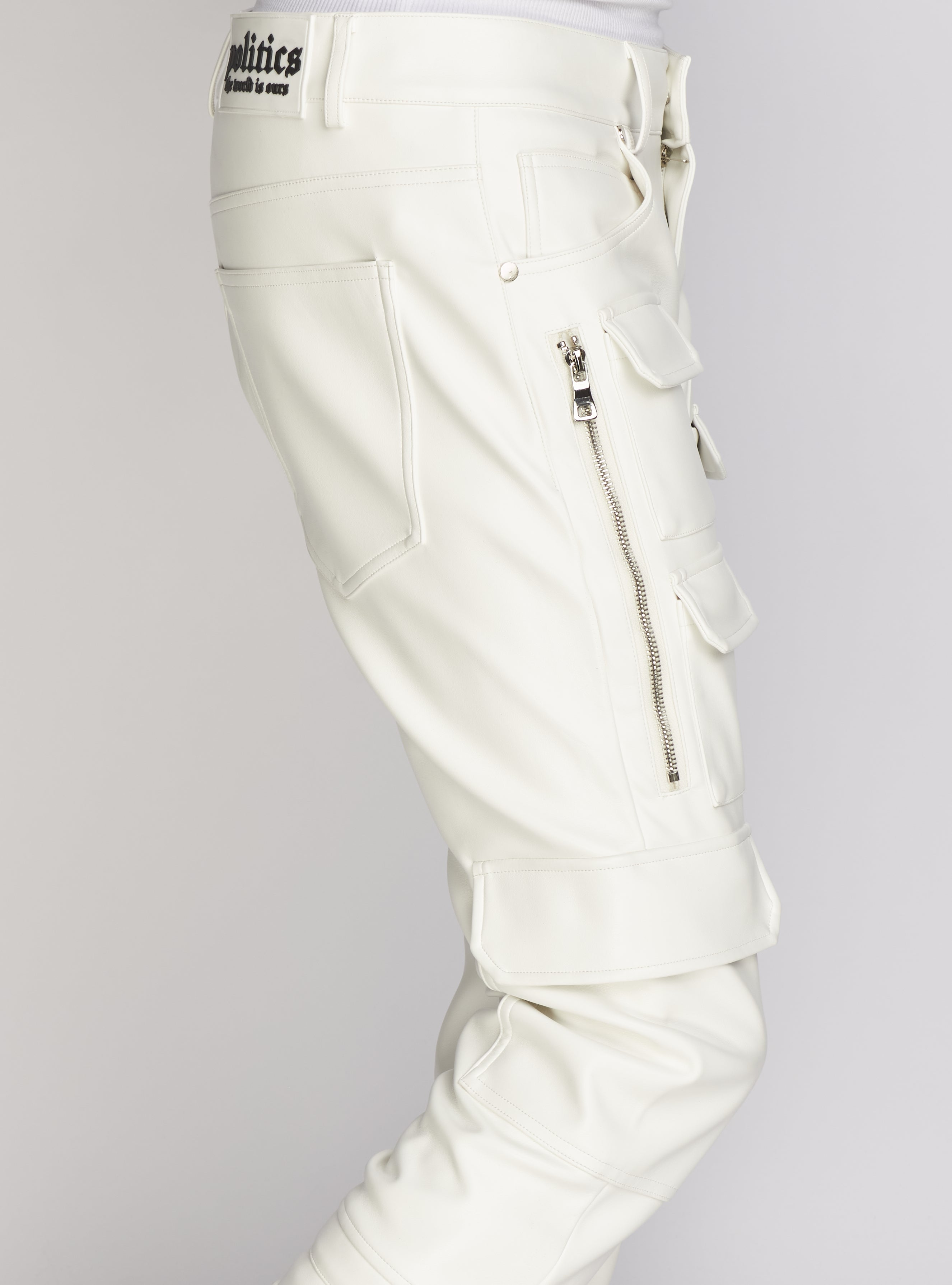Politics Pants - Stacked Cargo PU Leather - Murphy - White - 554