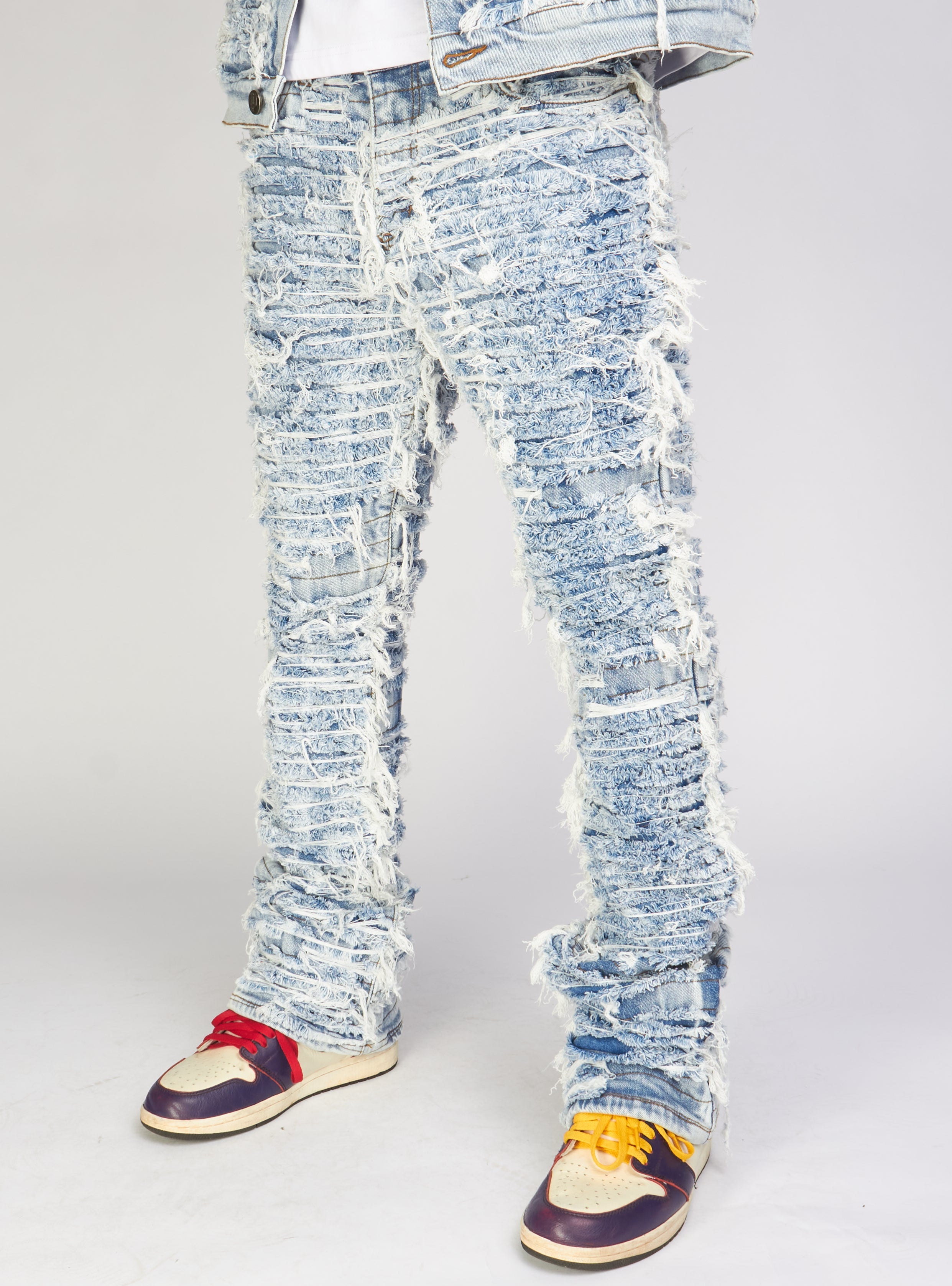 Politics Jeans - Thrashed Distressed Stacked Flare - Blue Wash - Debris 516