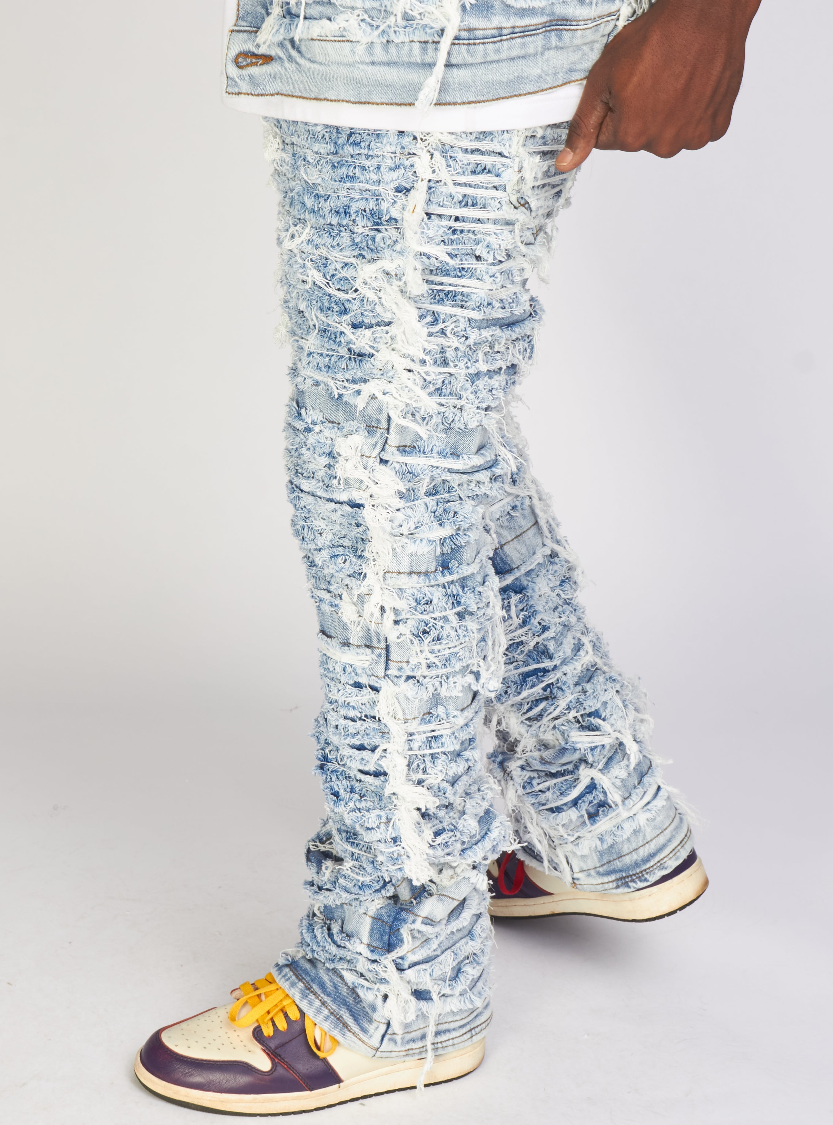 Politics Jeans - Thrashed Distressed Stacked Flare - Blue Wash - Debris 516
