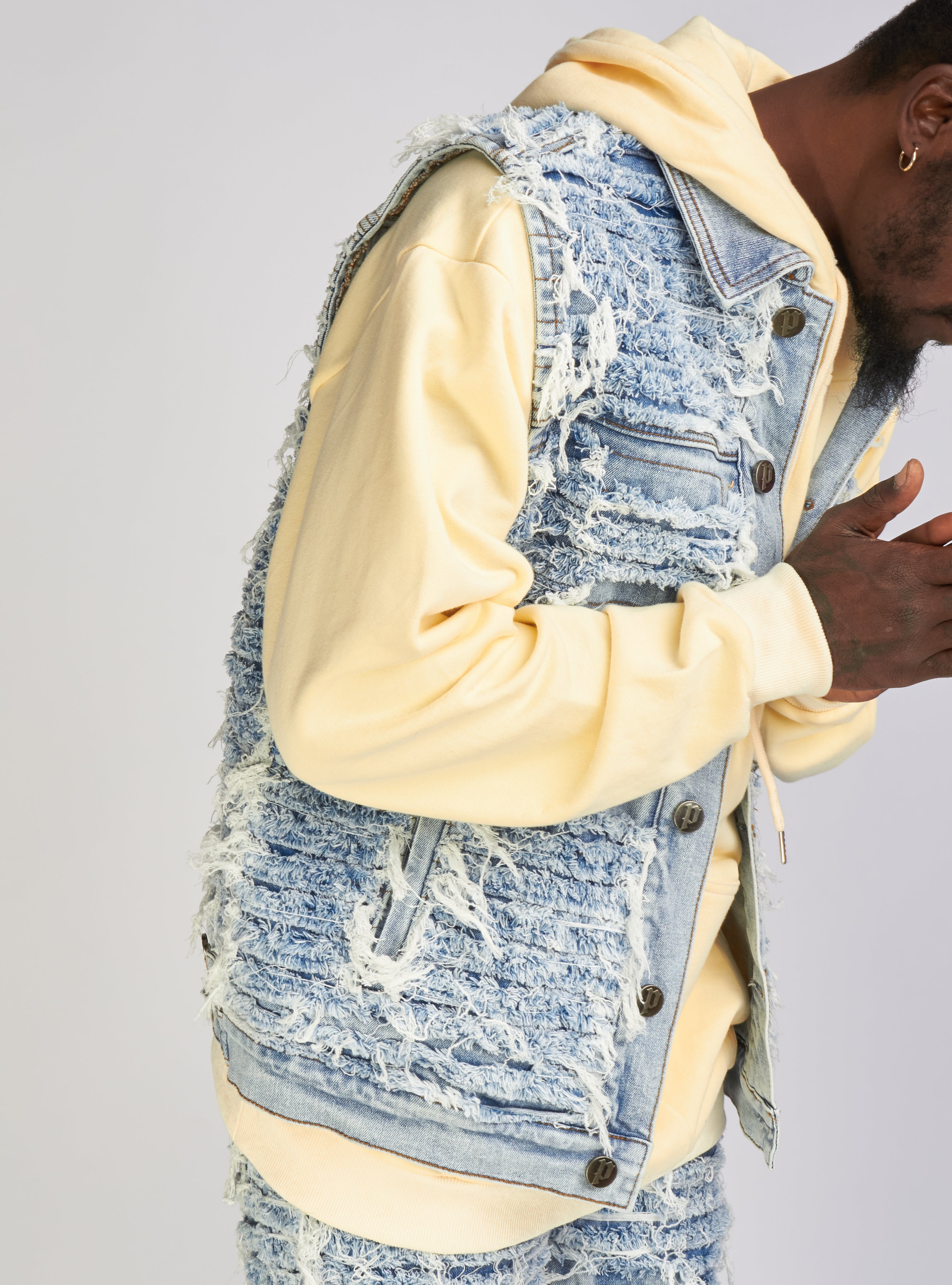 Politics Jean Vest - Thrashed Distressed Denim Vest - Blue Wash - Debris 495