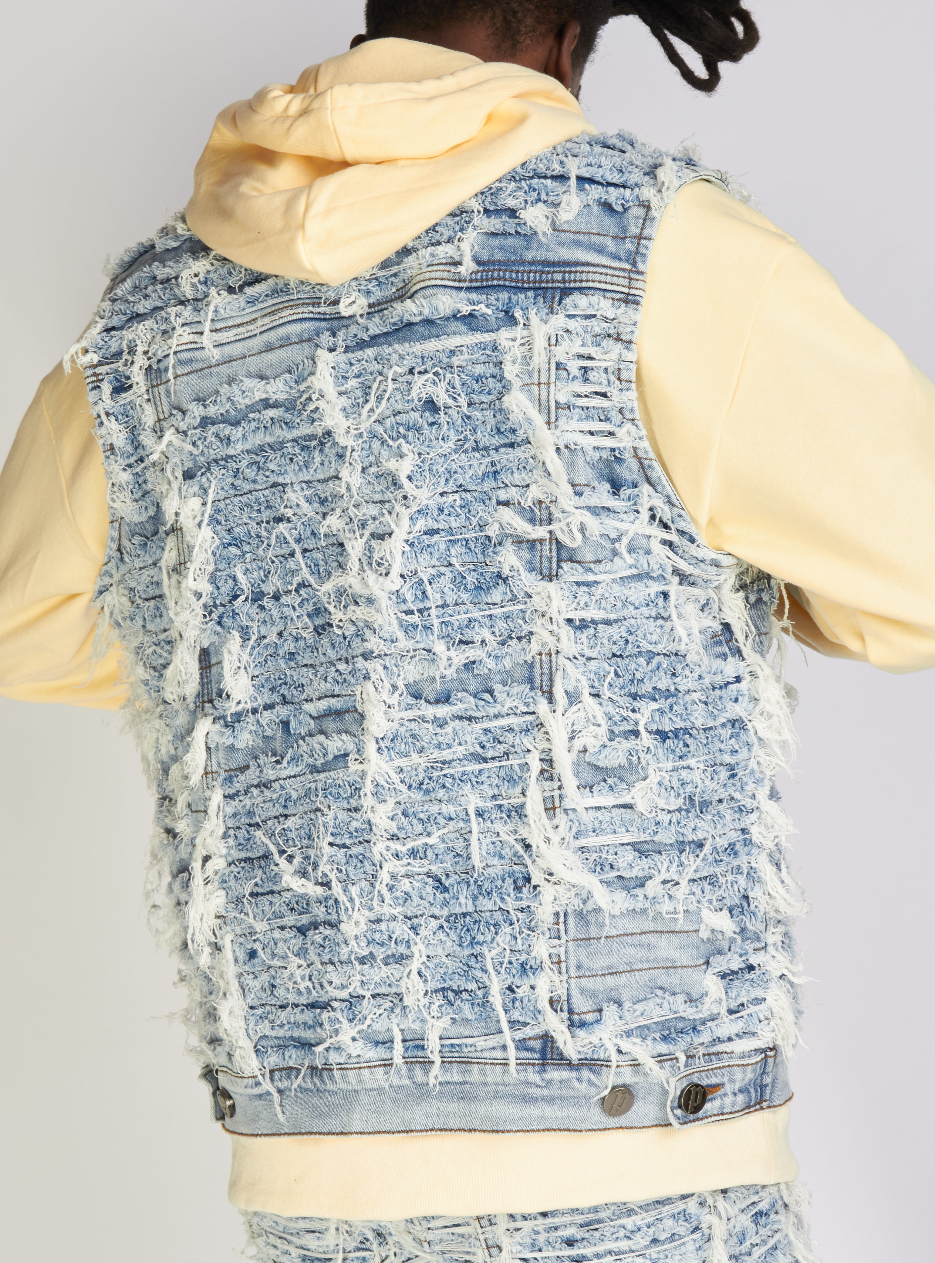 Politics Jean Vest - Thrashed Distressed Denim Vest - Blue Wash - Debris 495