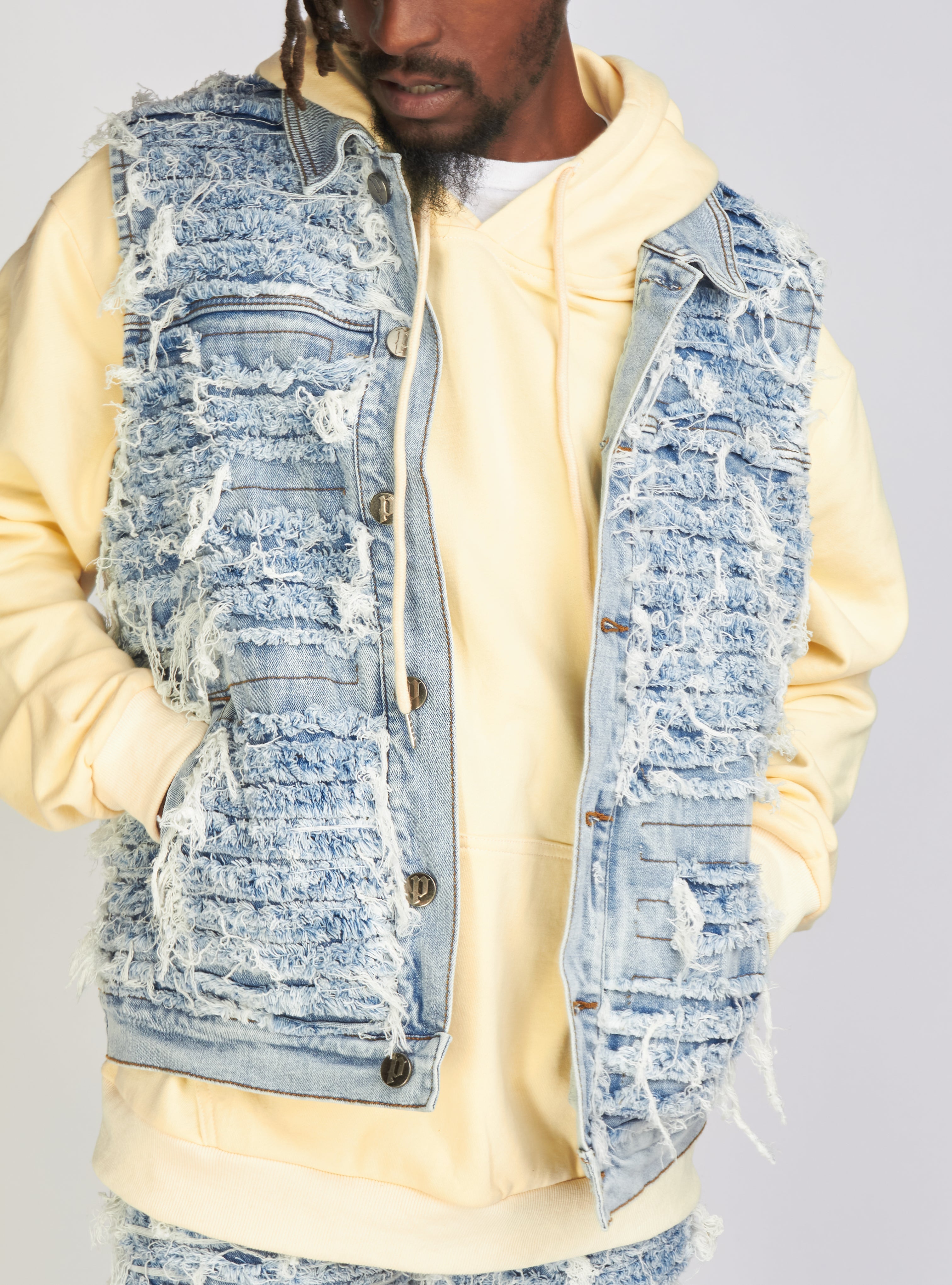 Politics Jean Vest - Thrashed Distressed Denim Vest - Blue Wash - Debris 495