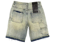 Light blue denim shorts with a black label on a gray textured background