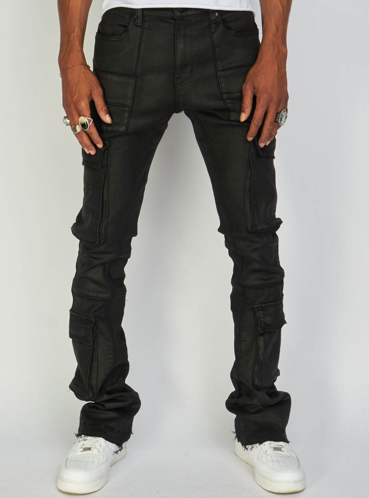 Politics Jeans - PU Cargo Stacked Zip Flare Jeans (Black) – Octane