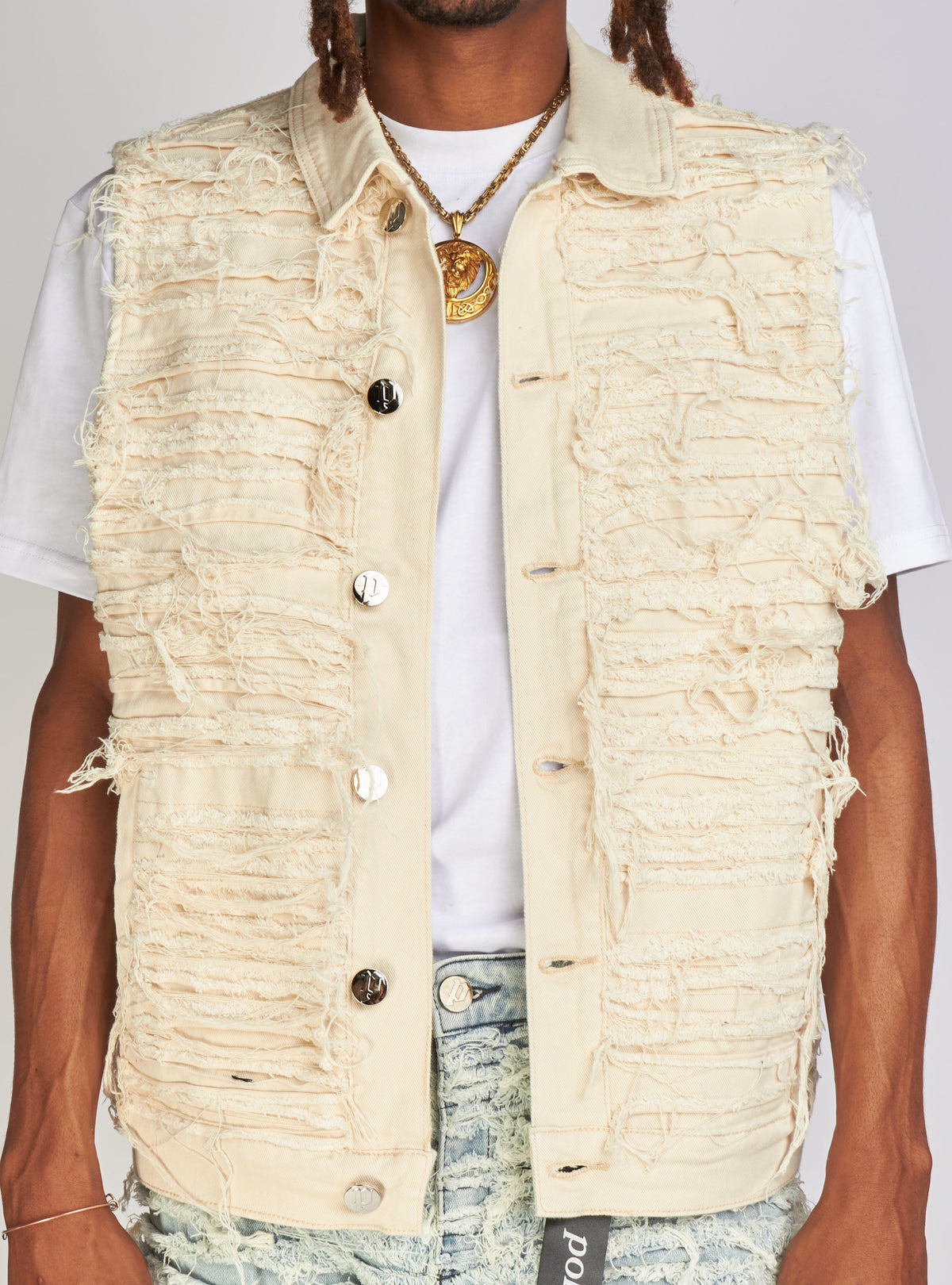 Politics Jean Vest - Thrashed Distressed Denim Vest - Cream - Debris 491