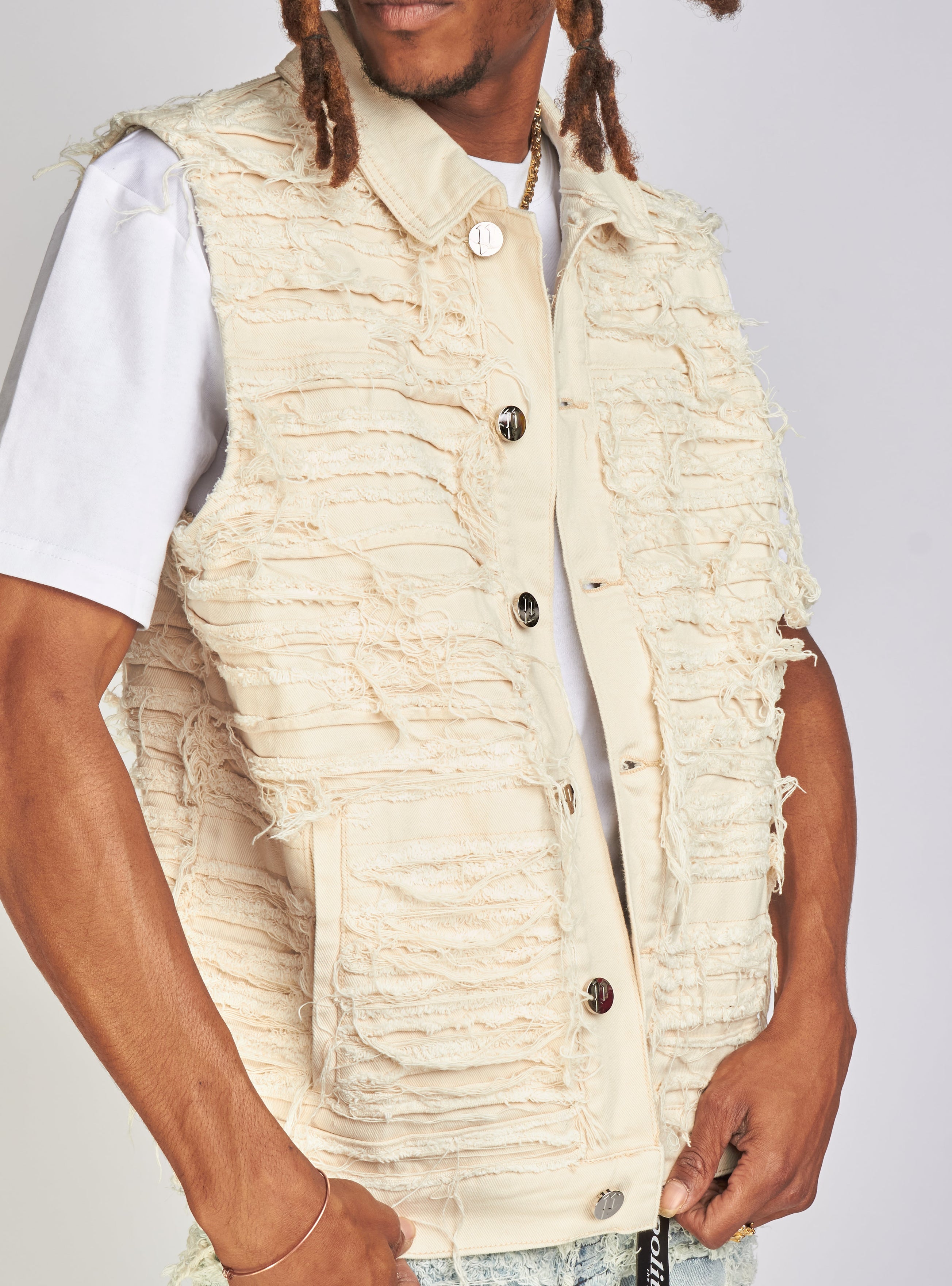 Politics Jean Vest - Thrashed Distressed Denim Vest - Cream - Debris 491