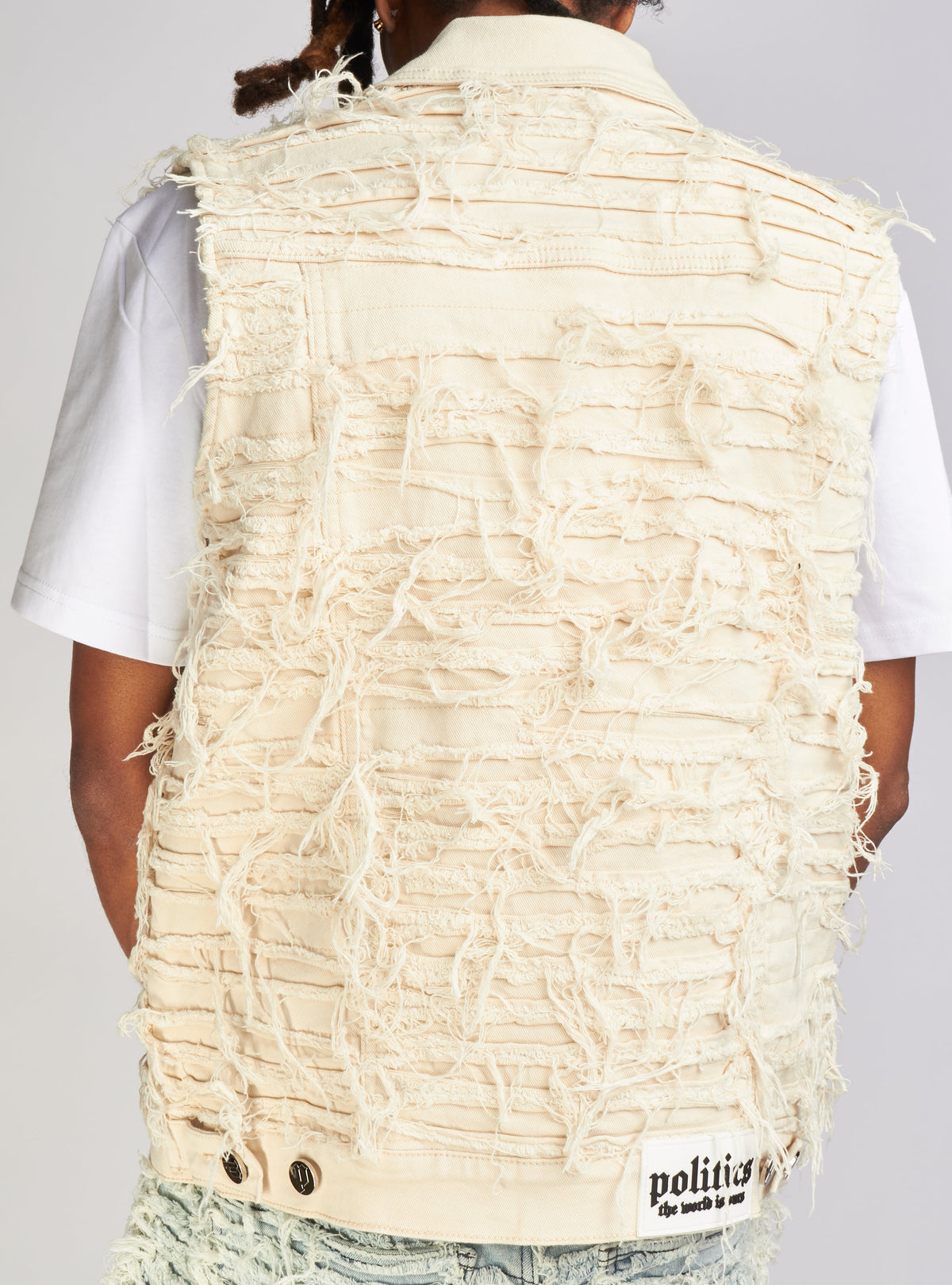 Politics Jean Vest - Thrashed Distressed Denim Vest - Cream - Debris 491