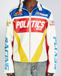 Politics Jacket - Leather Moto Racing - Beloved - White And Blue  - 575