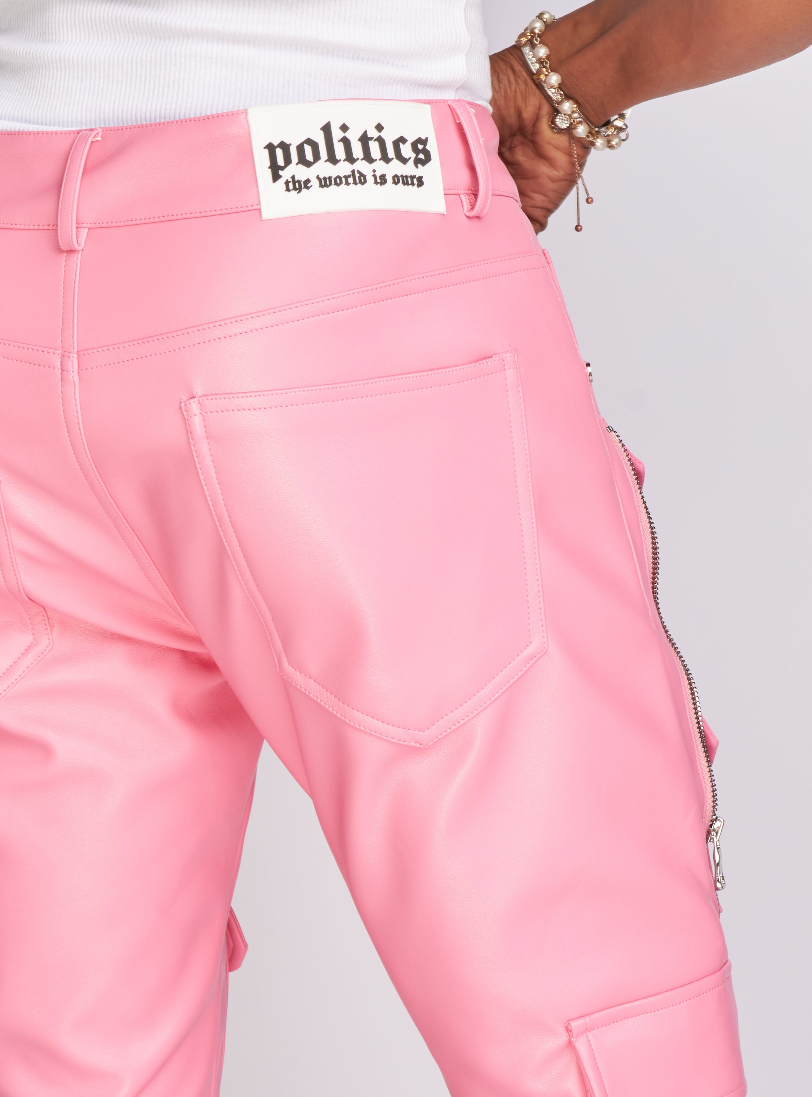 Politics Pants - Stacked Cargo PU Leather - Murphy - Pink - 556