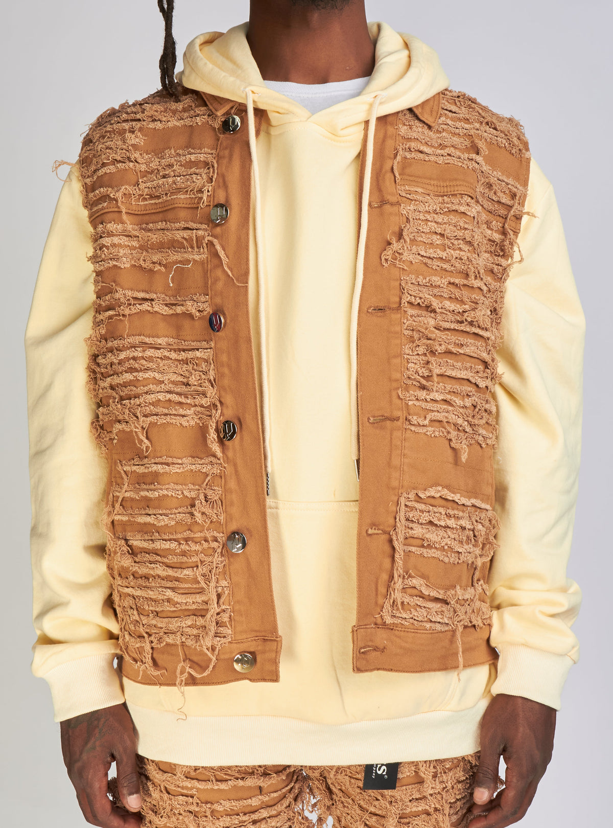 Politics Jean Vest - Thrashed Distressed Denim Vest - Dark Khaki - Debris 494