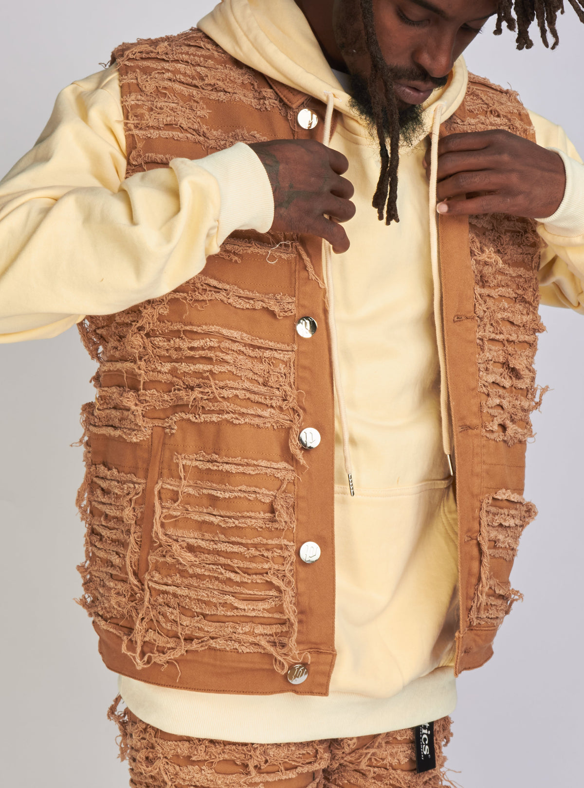 Politics Jean Vest - Thrashed Distressed Denim Vest - Dark Khaki - Debris 494