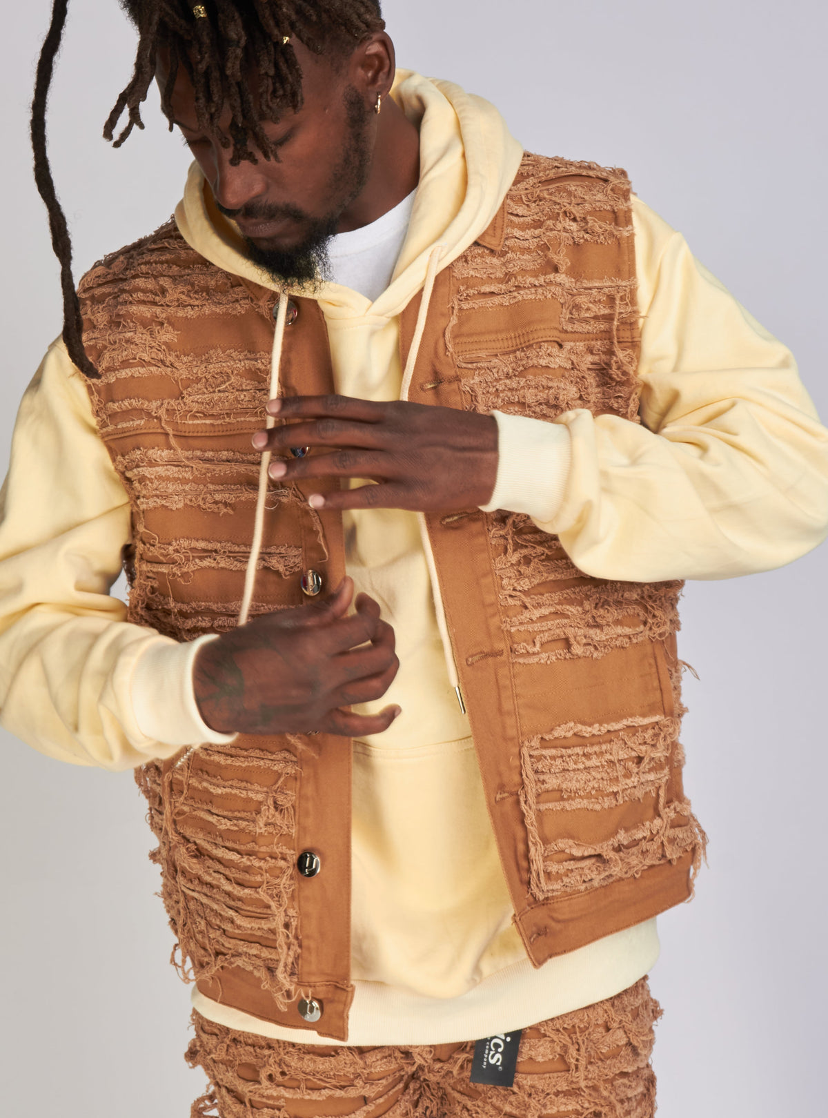 Politics Jean Vest - Thrashed Distressed Denim Vest - Dark Khaki - Debris 494