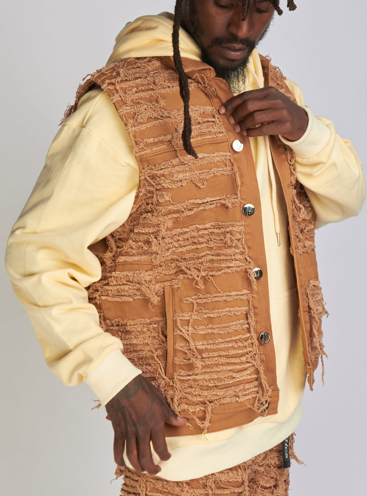 Politics Jean Vest - Thrashed Distressed Denim Vest - Dark Khaki - Debris 494