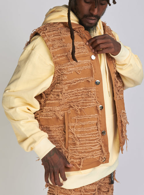 Politics Jean Vest - Thrashed Distressed Denim Vest - Dark Khaki - Debris 494