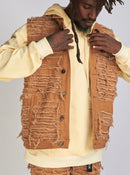 Politics Jean Vest - Thrashed Distressed Denim Vest - Dark Khaki - Debris 494