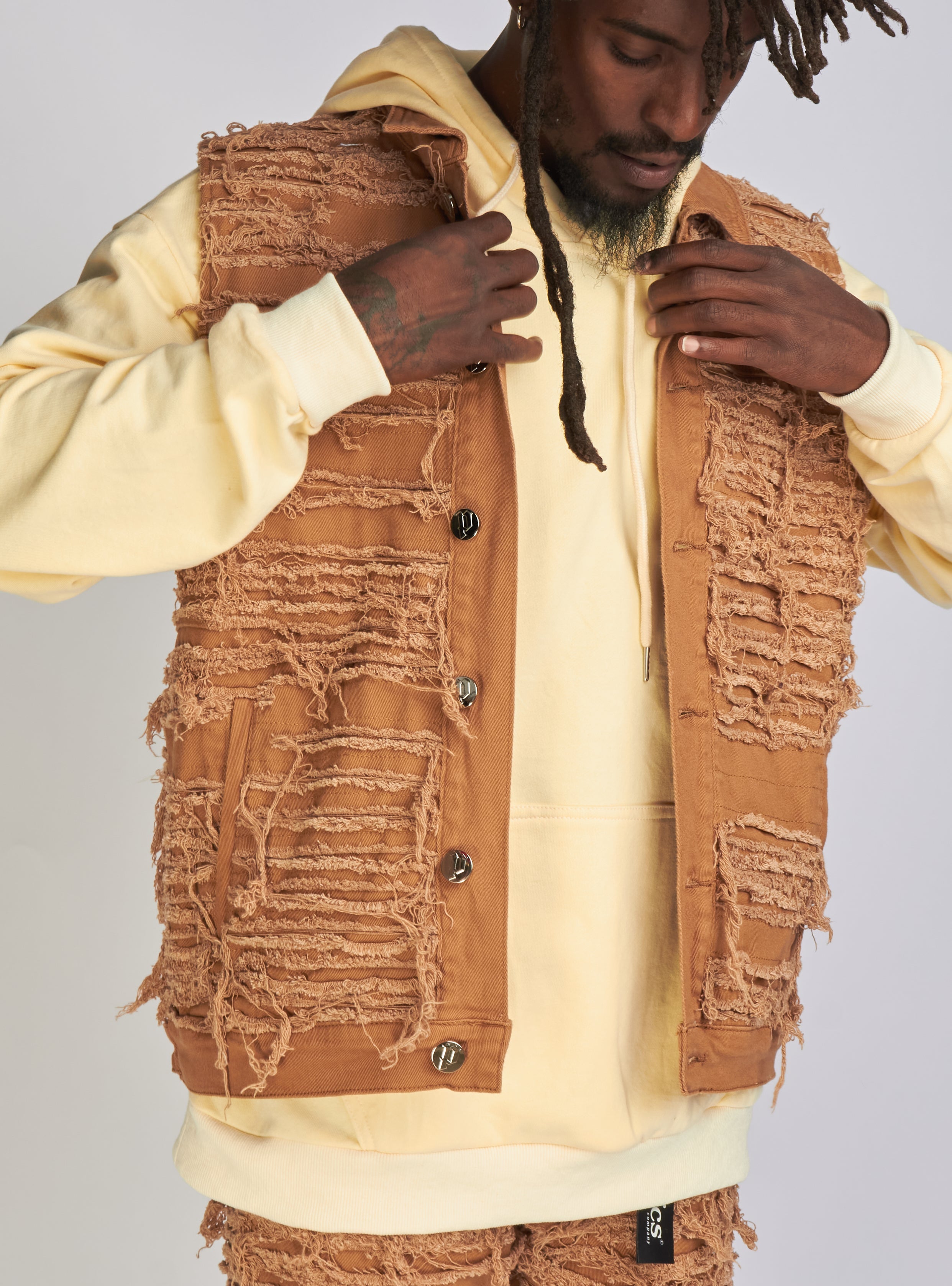 Politics Jean Vest - Thrashed Distressed Denim Vest - Dark Khaki - Debris 494