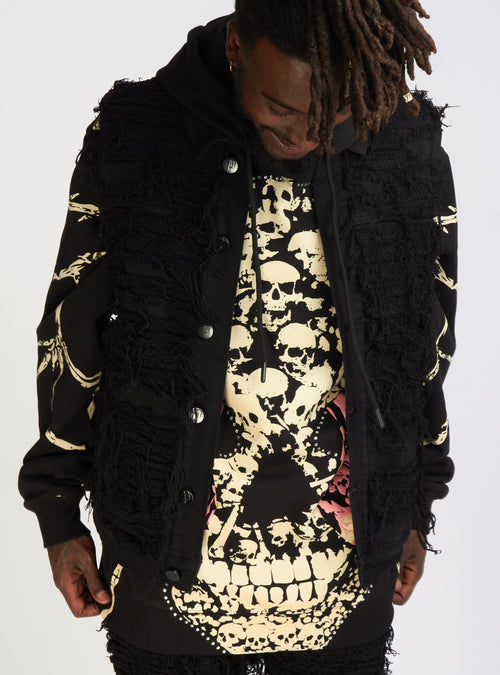 Politics Jean Vest - Thrashed Distressed Denim Vest - Black - Debris 492