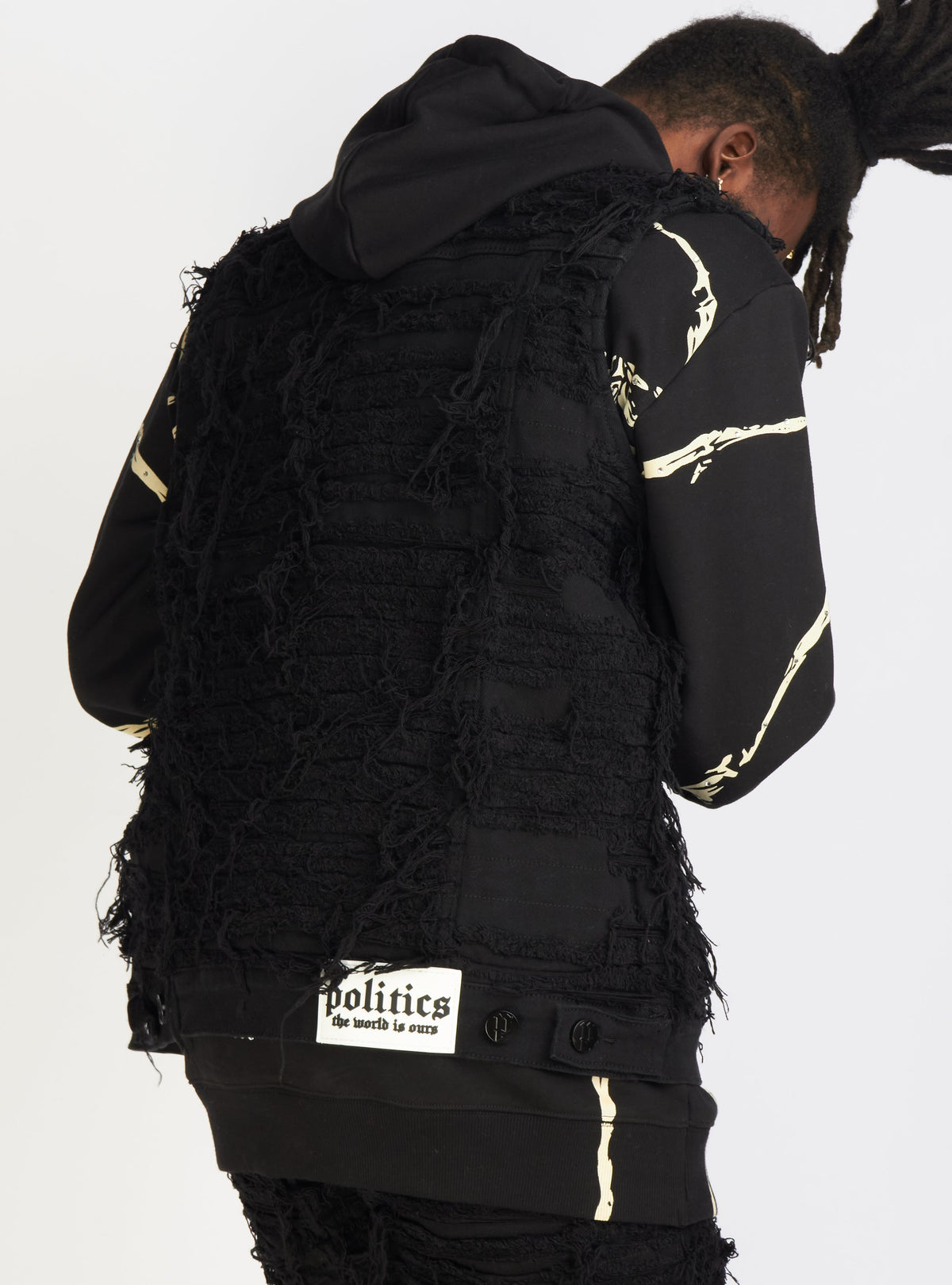 Politics Jean Vest - Thrashed Distressed Denim Vest - Black - Debris 492