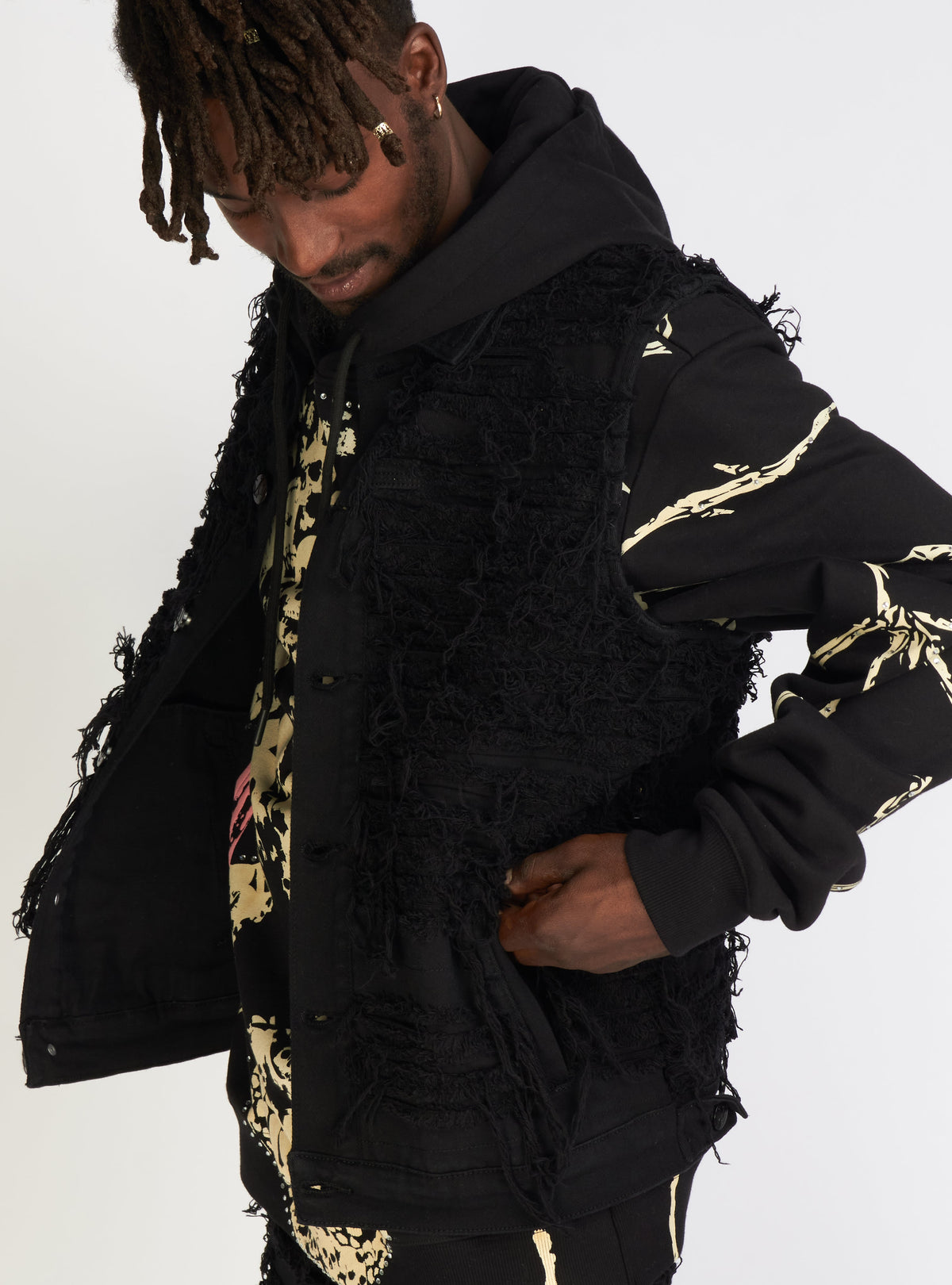Politics Jean Vest - Thrashed Distressed Denim Vest - Black - Debris 492