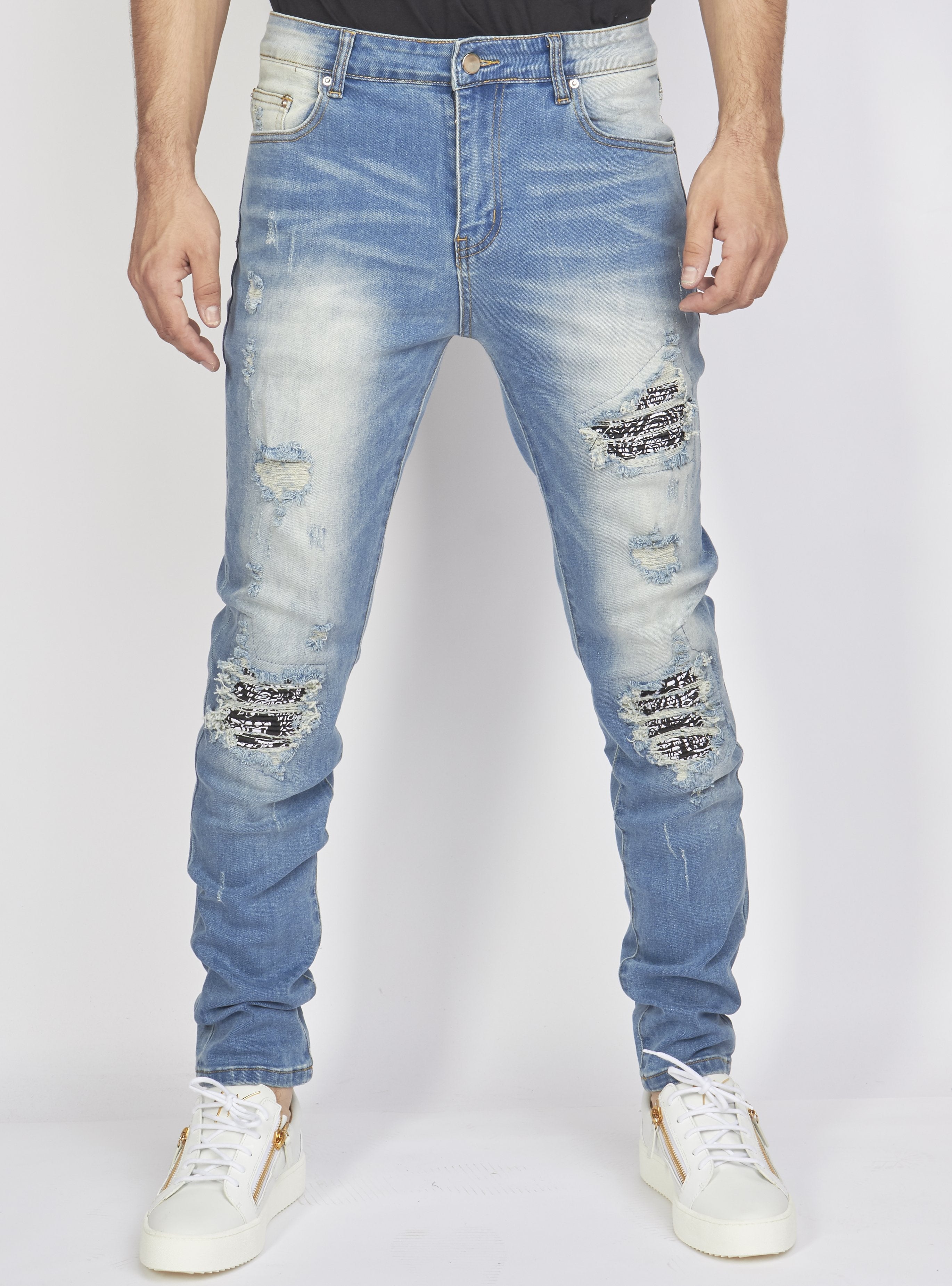 Politics Jeans - Distressed with Paisley Ribbing - Medium Blue - PLTKS0521665