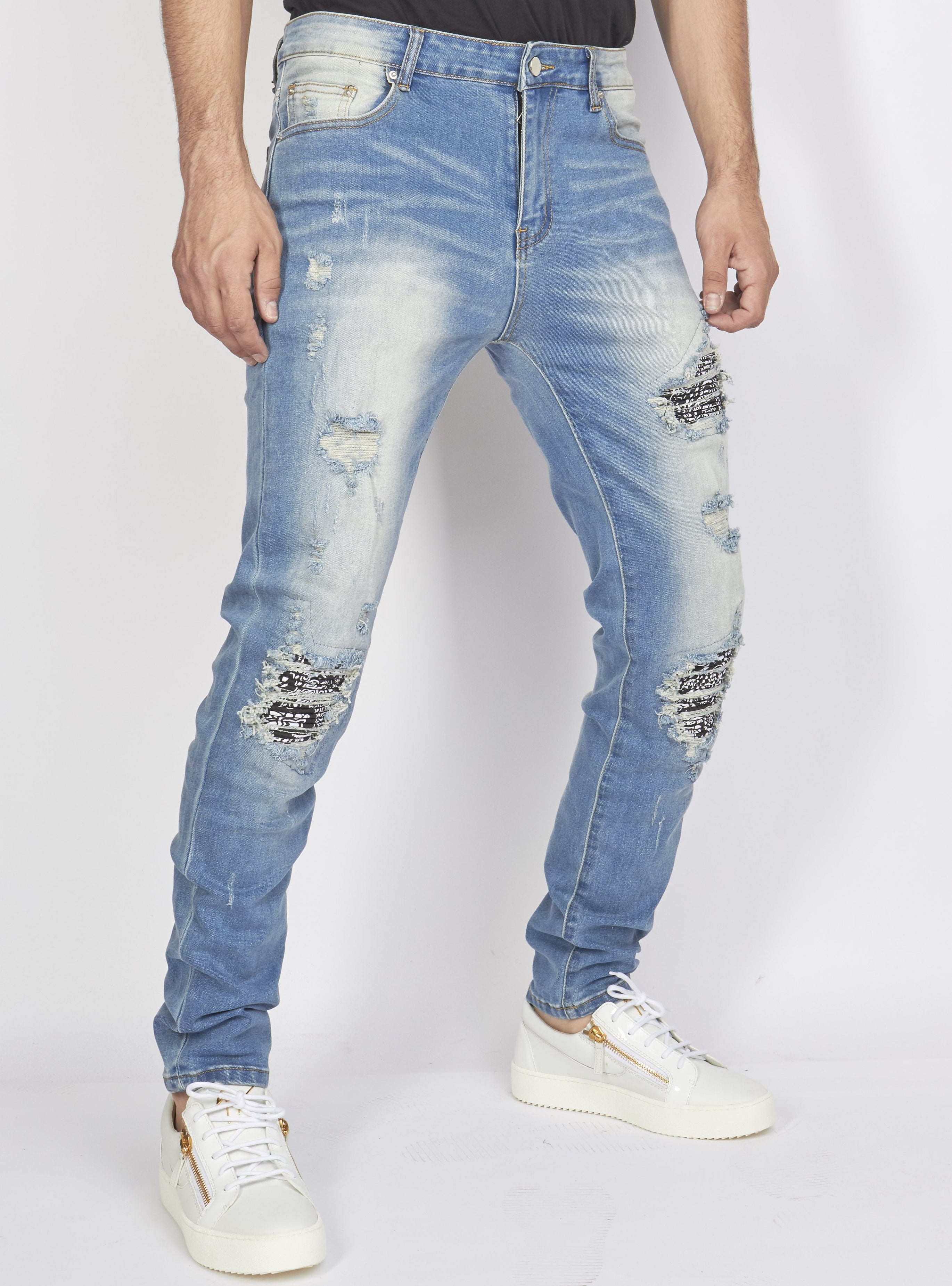 Politics Jeans - Distressed with Paisley Ribbing - Medium Blue - PLTKS0521665