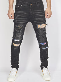 Politics Jeans - Distressed with Paisley Ribbing - Black - PLTKS0521660 - Politics