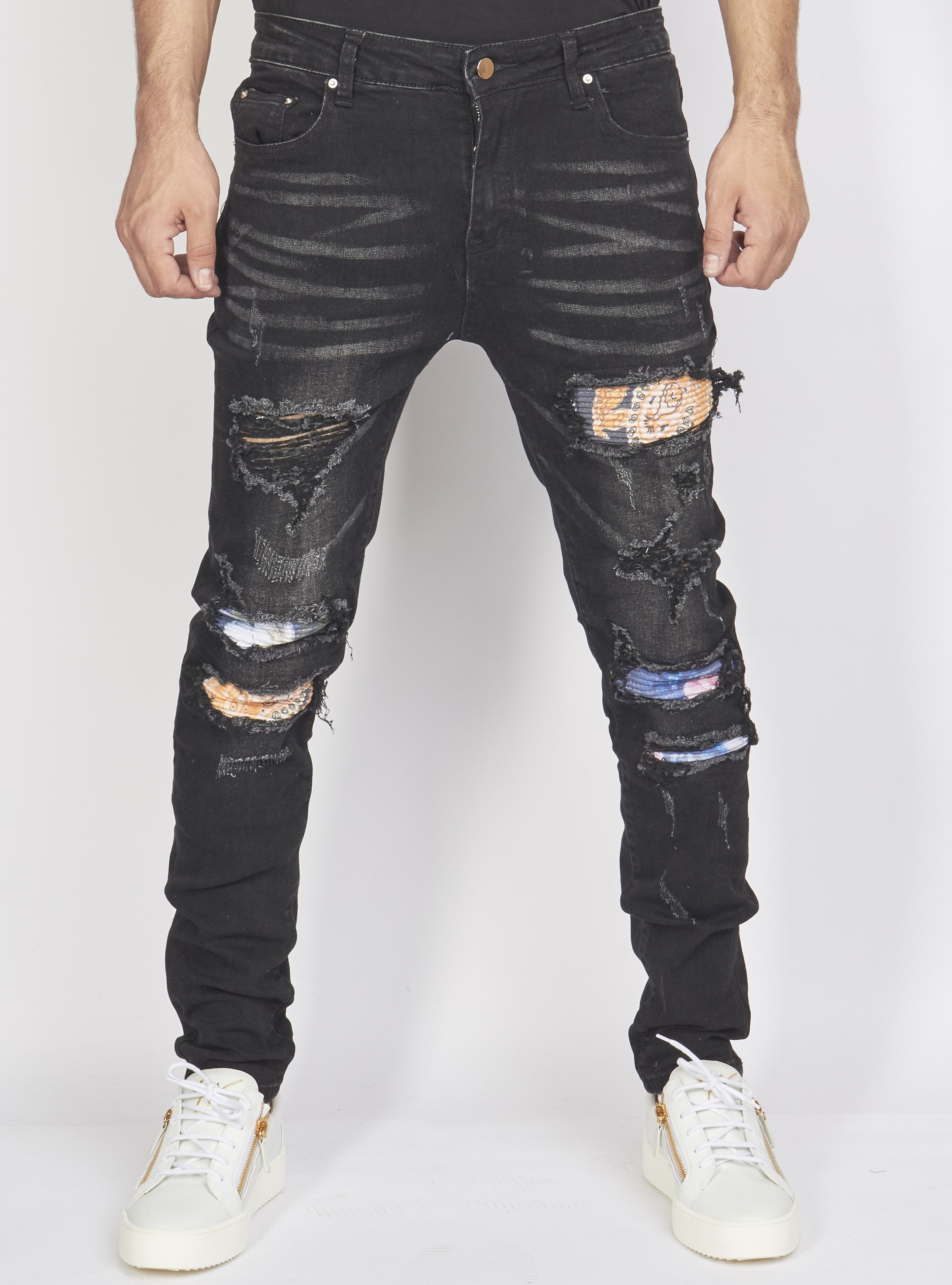 Politics Jeans - Distressed with Paisley Ribbing - Black - PLTKS0521660 - Politics
