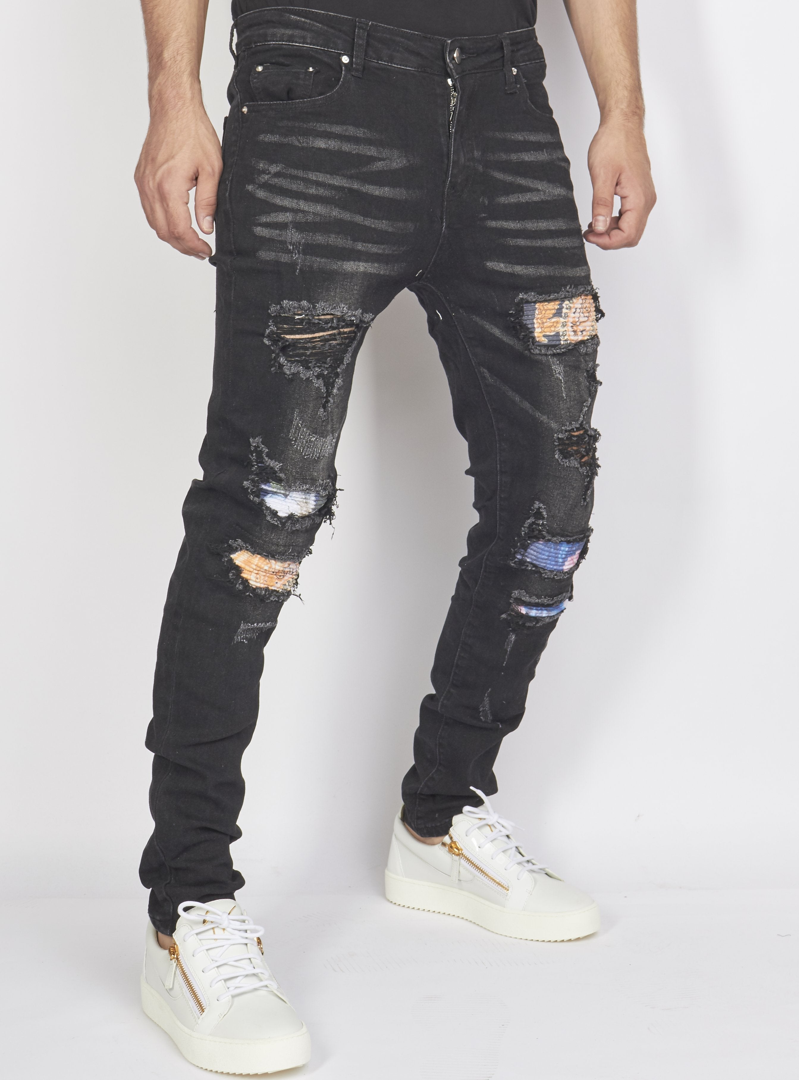 Politics Jeans - Distressed with Paisley Ribbing - Black - PLTKS0521660 - Politics